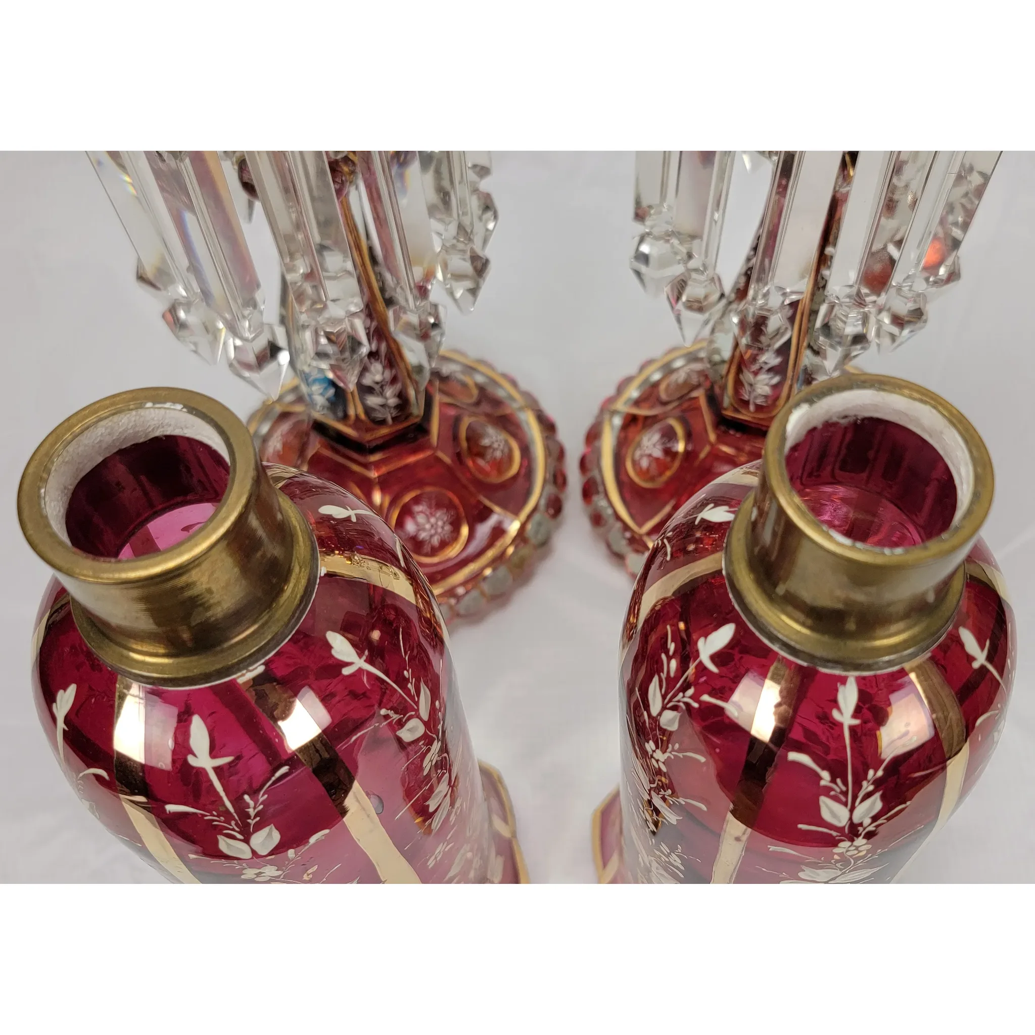 Pair Antique Baccarat Ruby Stained Medallion Hurricane Candlesticks - View 4