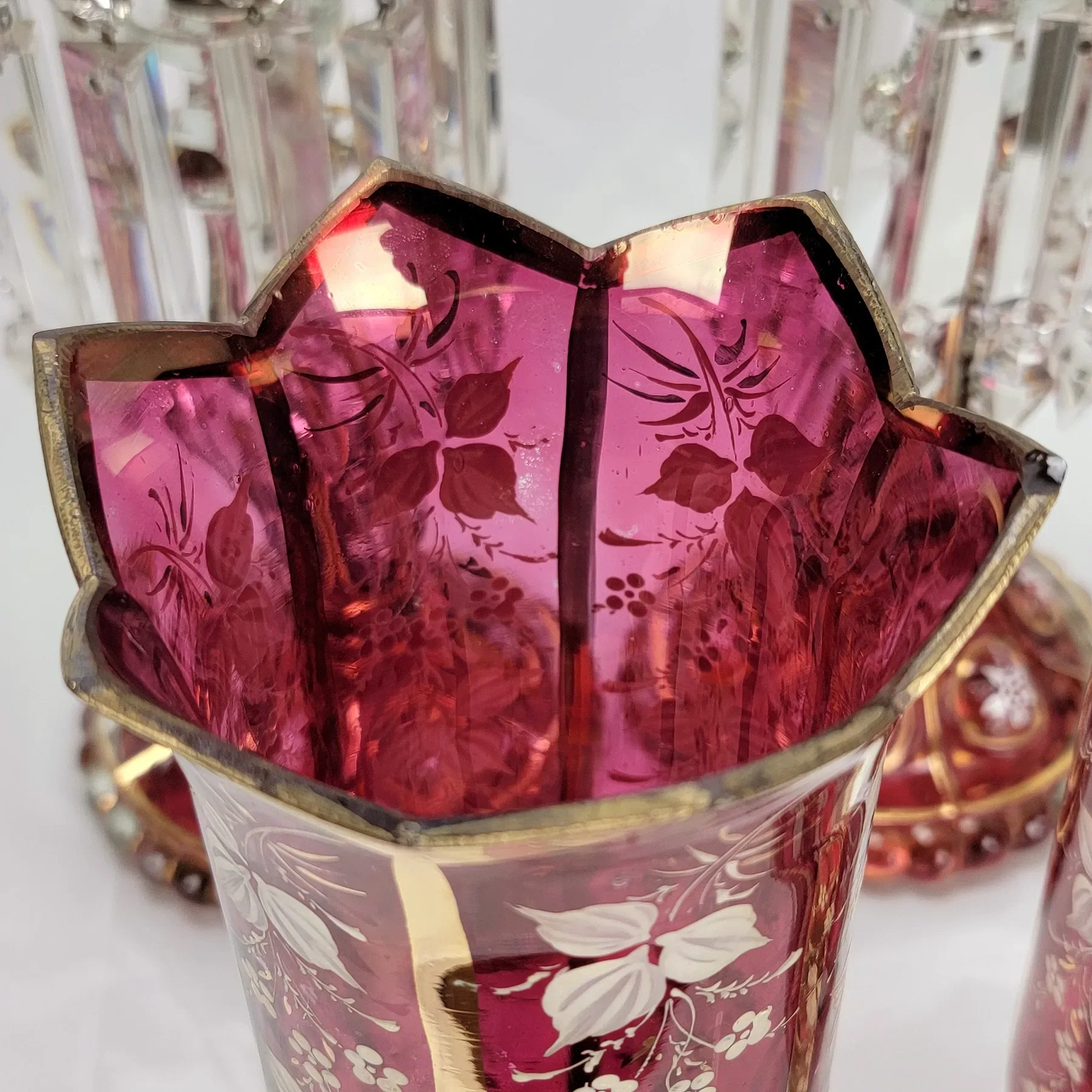 Pair Antique Baccarat Ruby Stained Medallion Hurricane Candlesticks - View 5