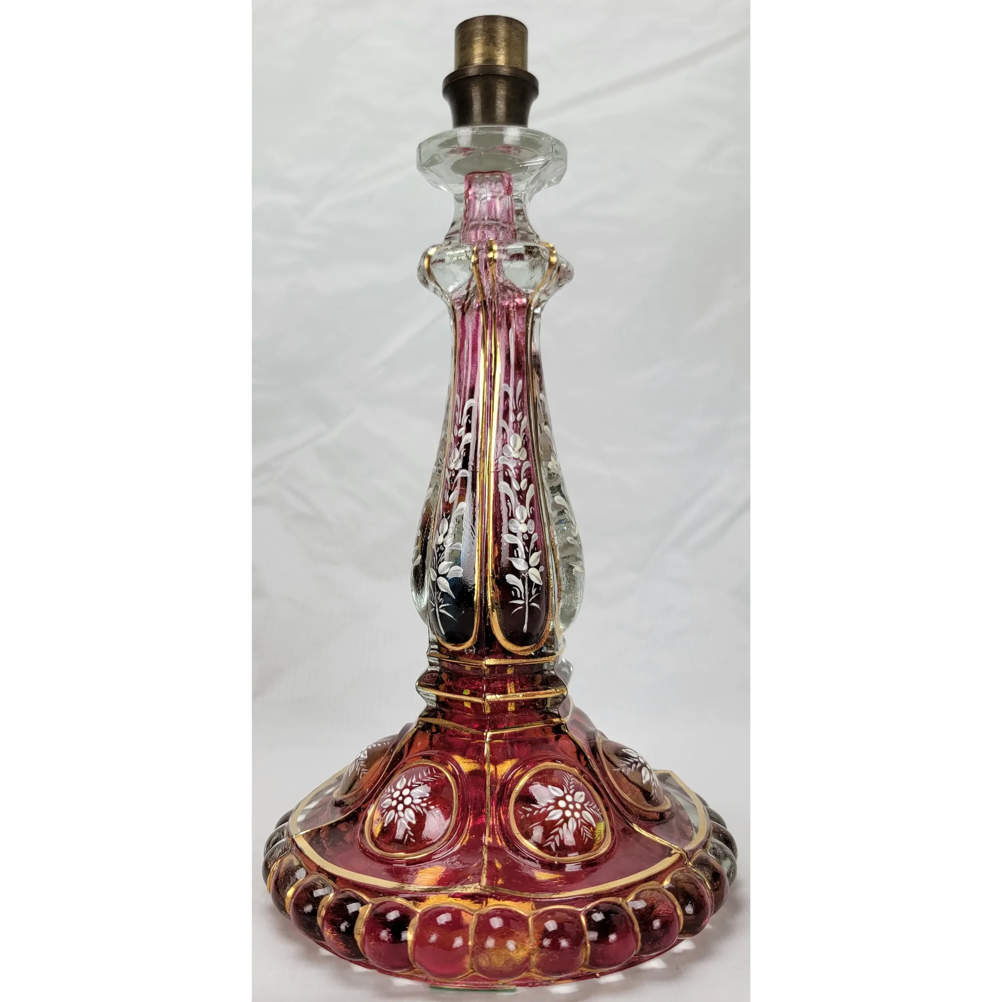 Pair Antique Baccarat Ruby Stained Medallion Hurricane Candlesticks - View 8