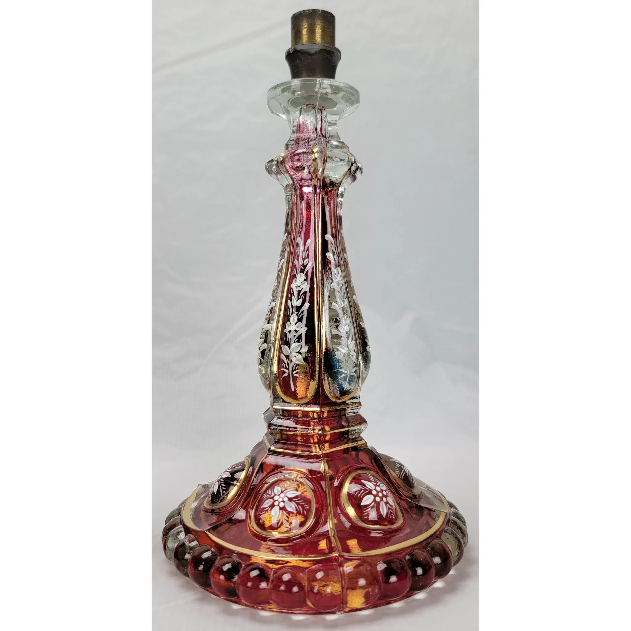 Pair Antique Baccarat Ruby Stained Medallion Hurricane Candlesticks - View 9