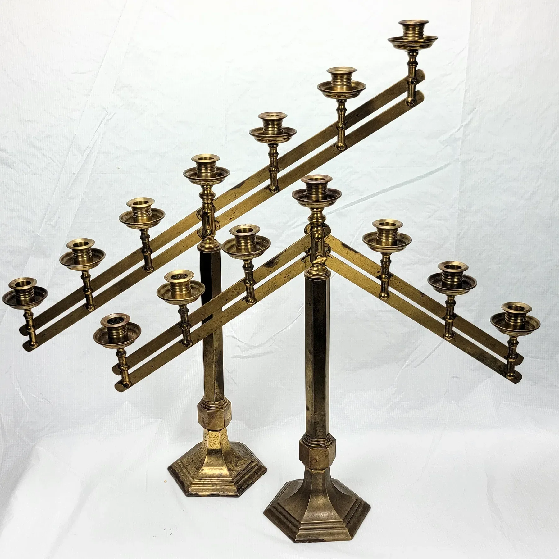 Pair Vintage Brass Articulated 7-Light Candelabra - View 2