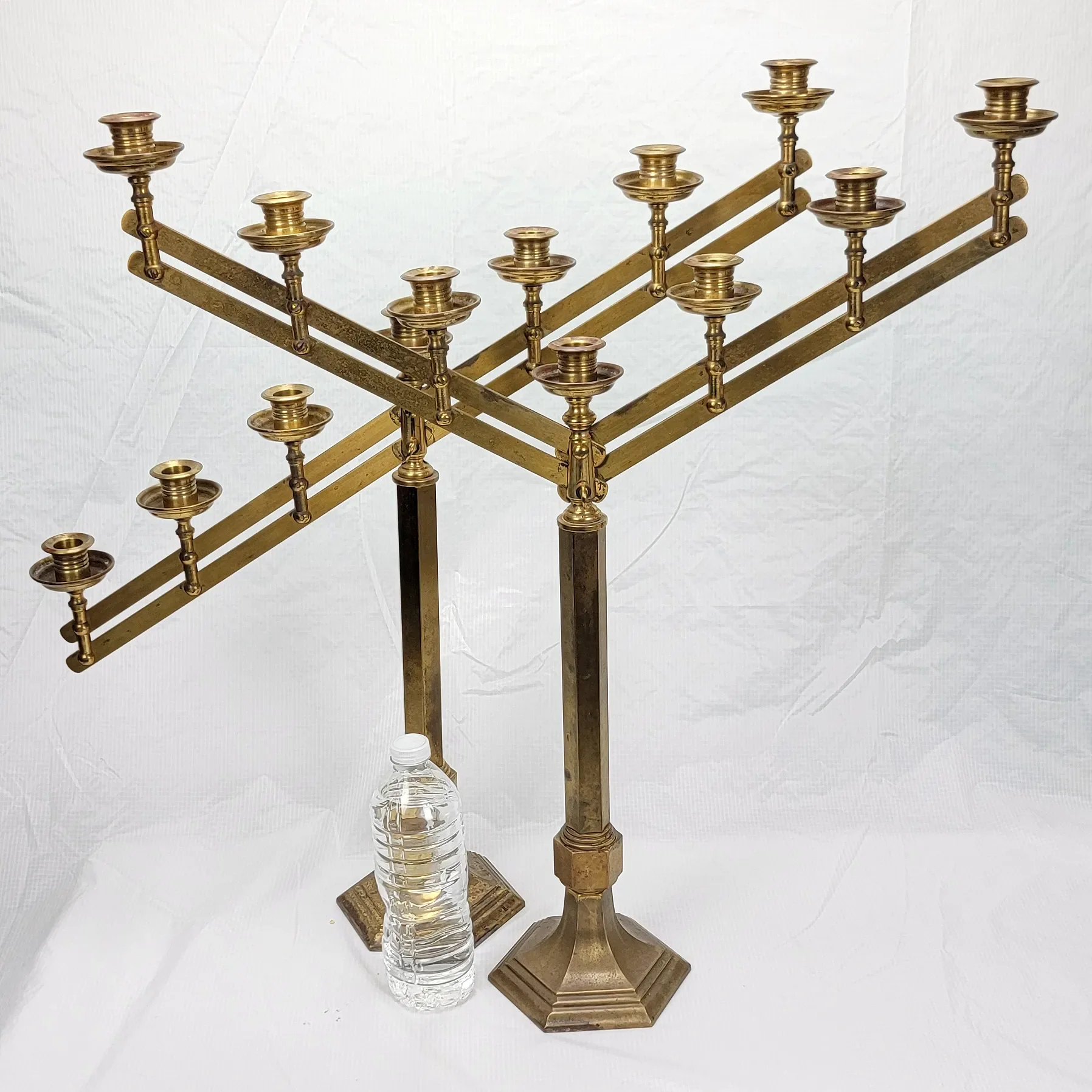 Pair Vintage Brass Articulated 7-Light Candelabra - View 3