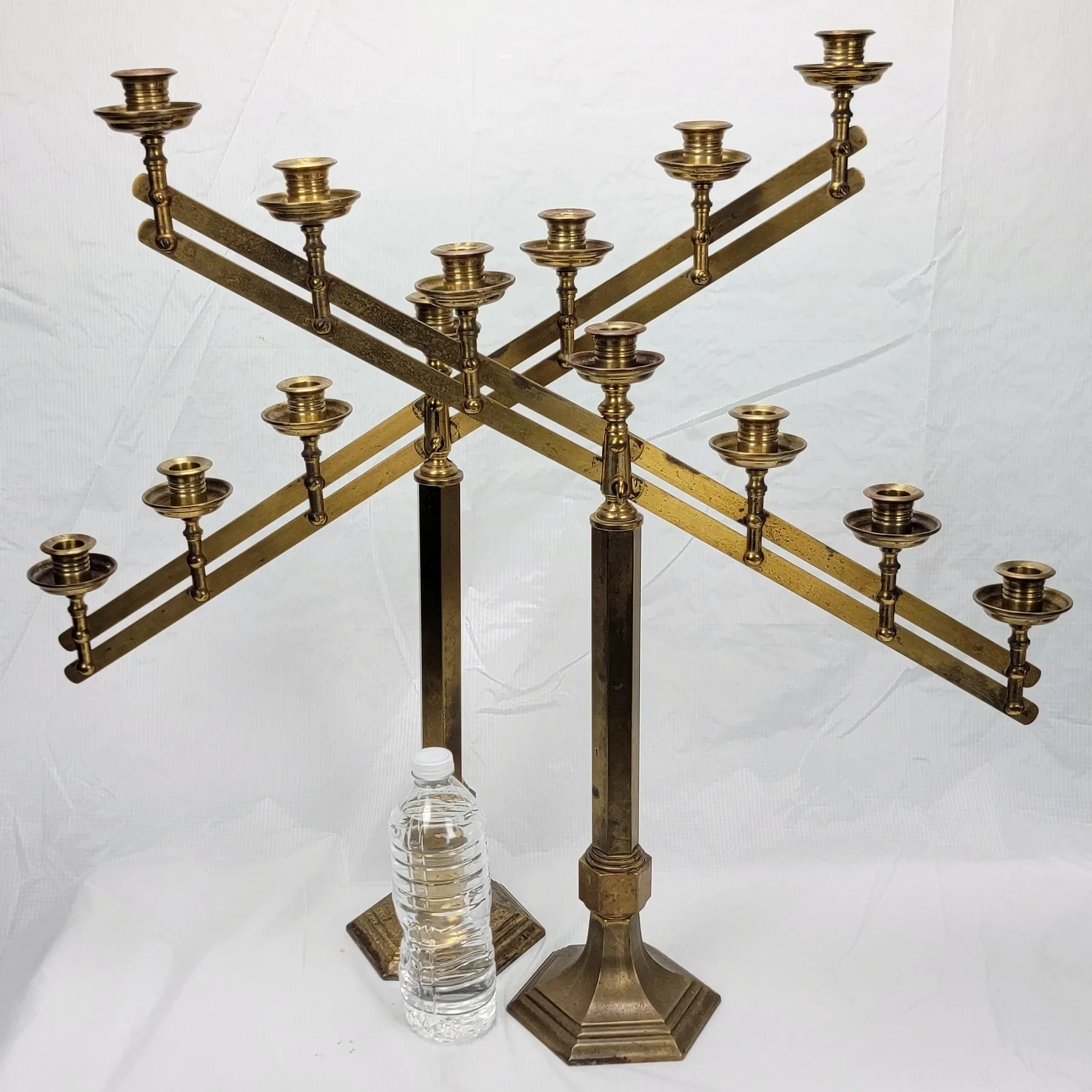 Pair Vintage Brass Articulated 7-Light Candelabra - View 4