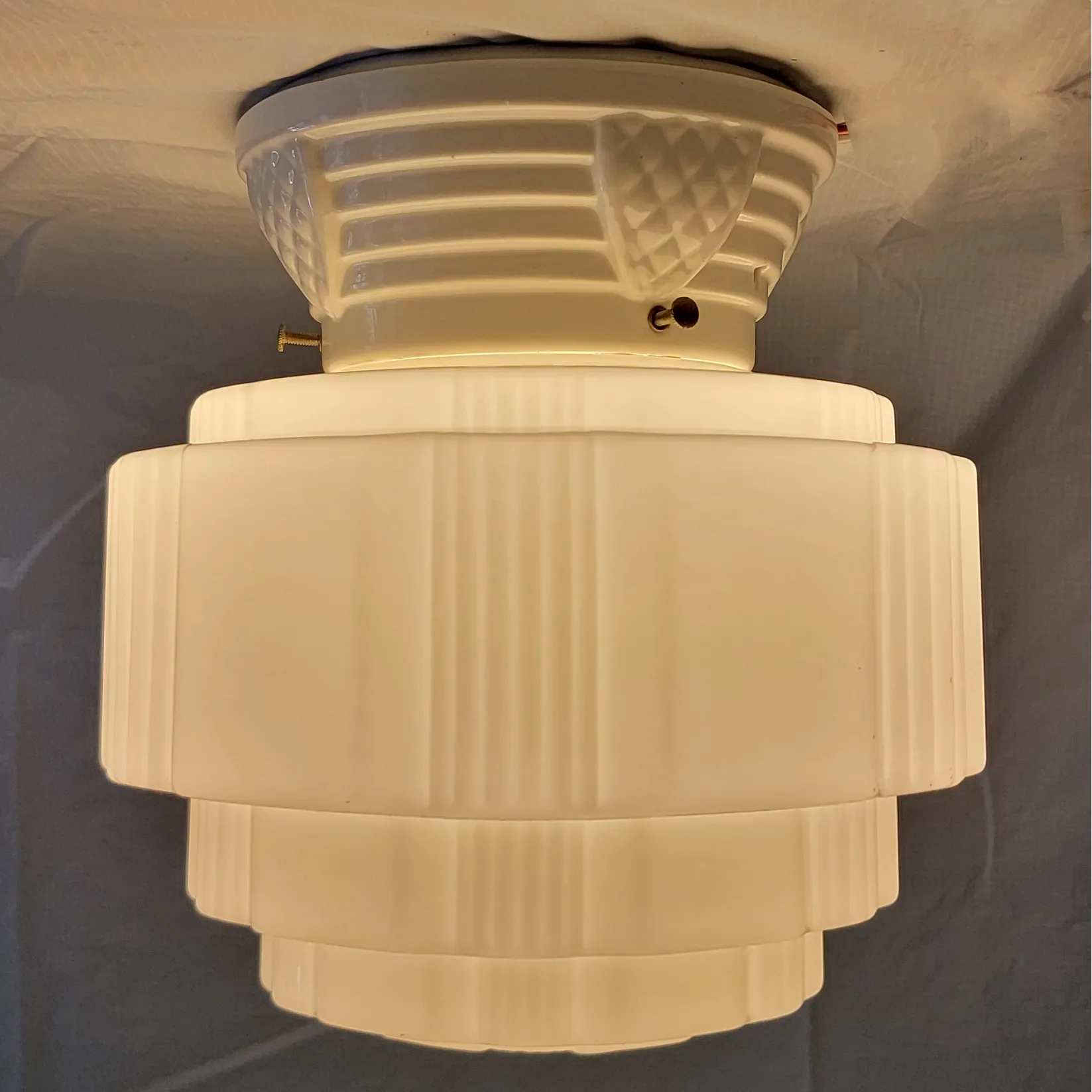 Vintage Porcelain & Glass Flush Mount Art Deco Light Fixture - Kitchen or Bath - View 2
