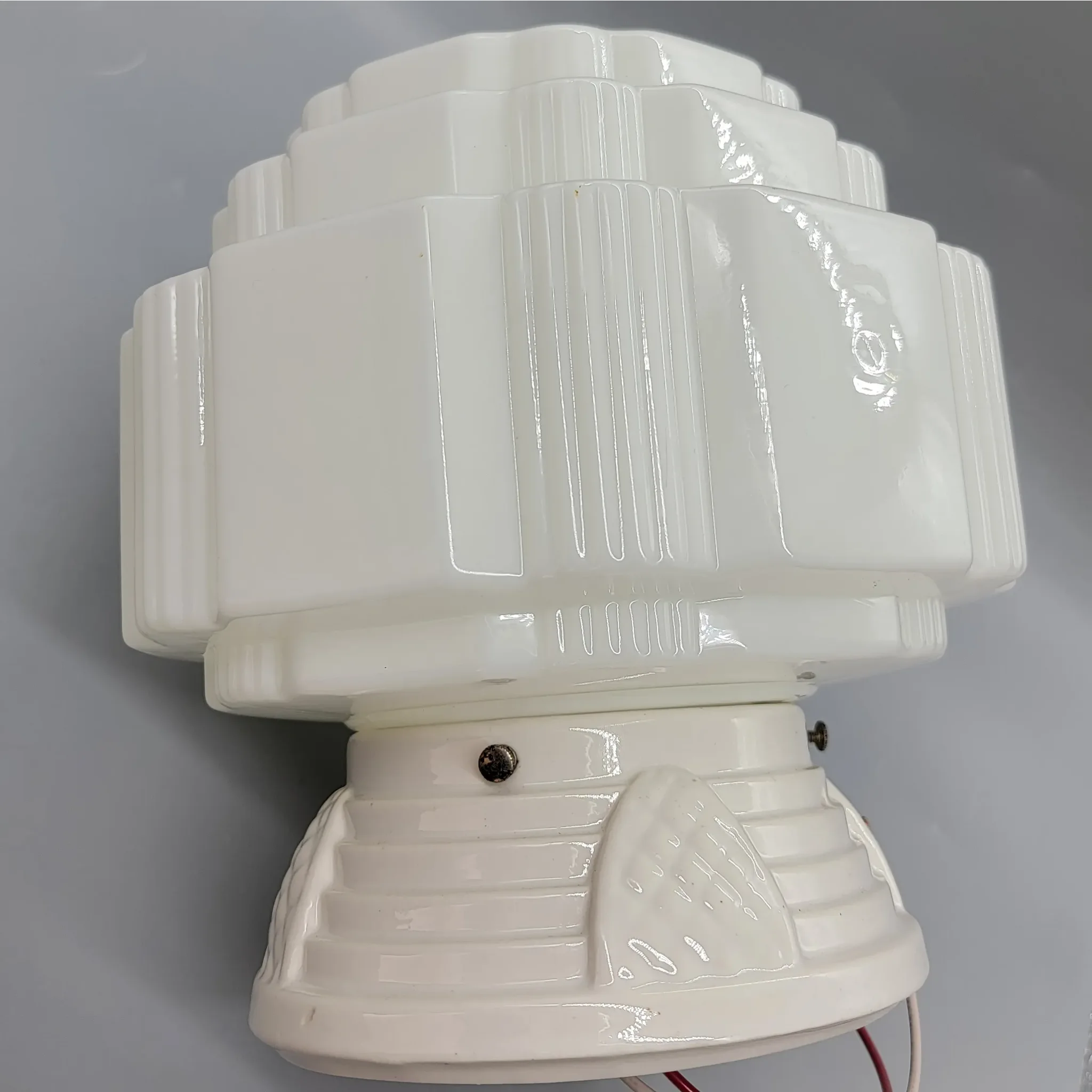 Vintage Porcelain & Glass Flush Mount Art Deco Light Fixture - Kitchen or Bath - View 4