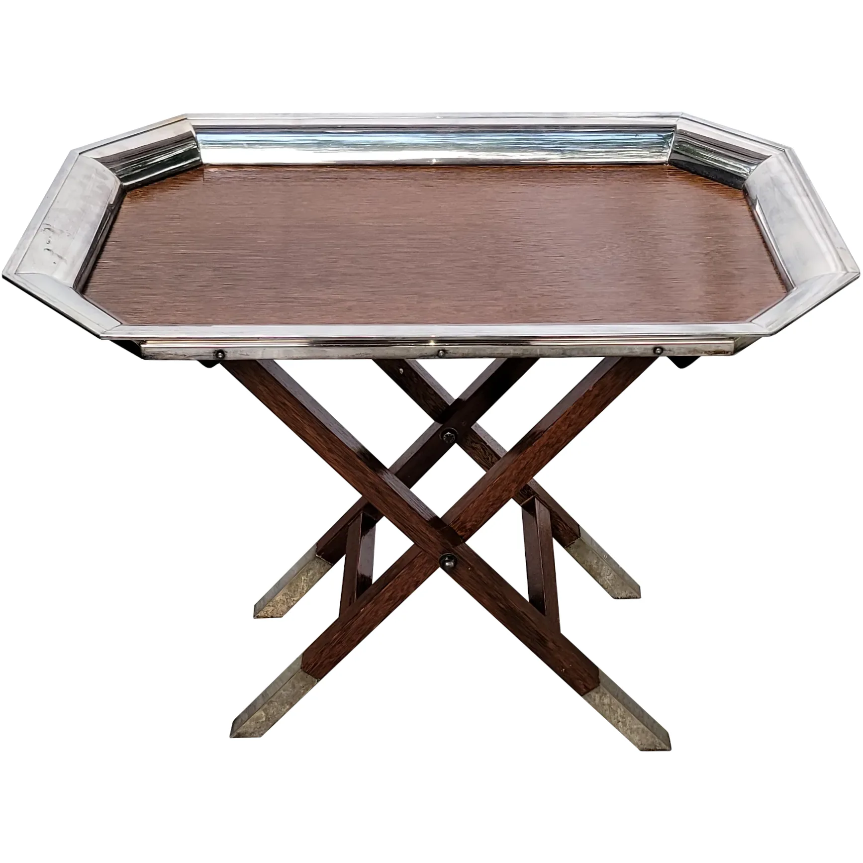 Scarce St. James Brazil Folding Tray Table - Silverplate &amp; Wood - Late Mid-Century