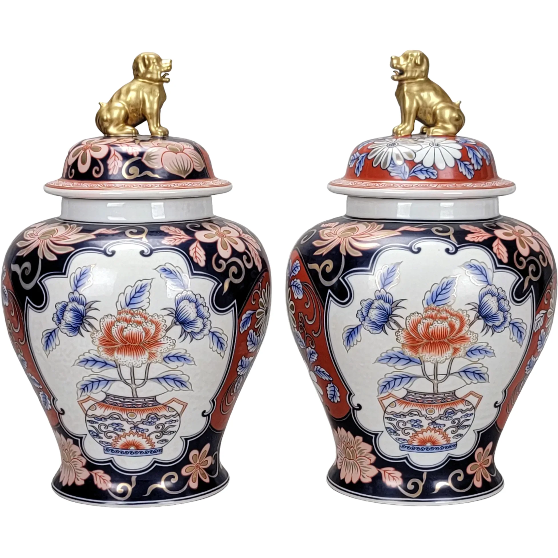 Pair Imari Style Urns or Jars with Foo Dog Lids