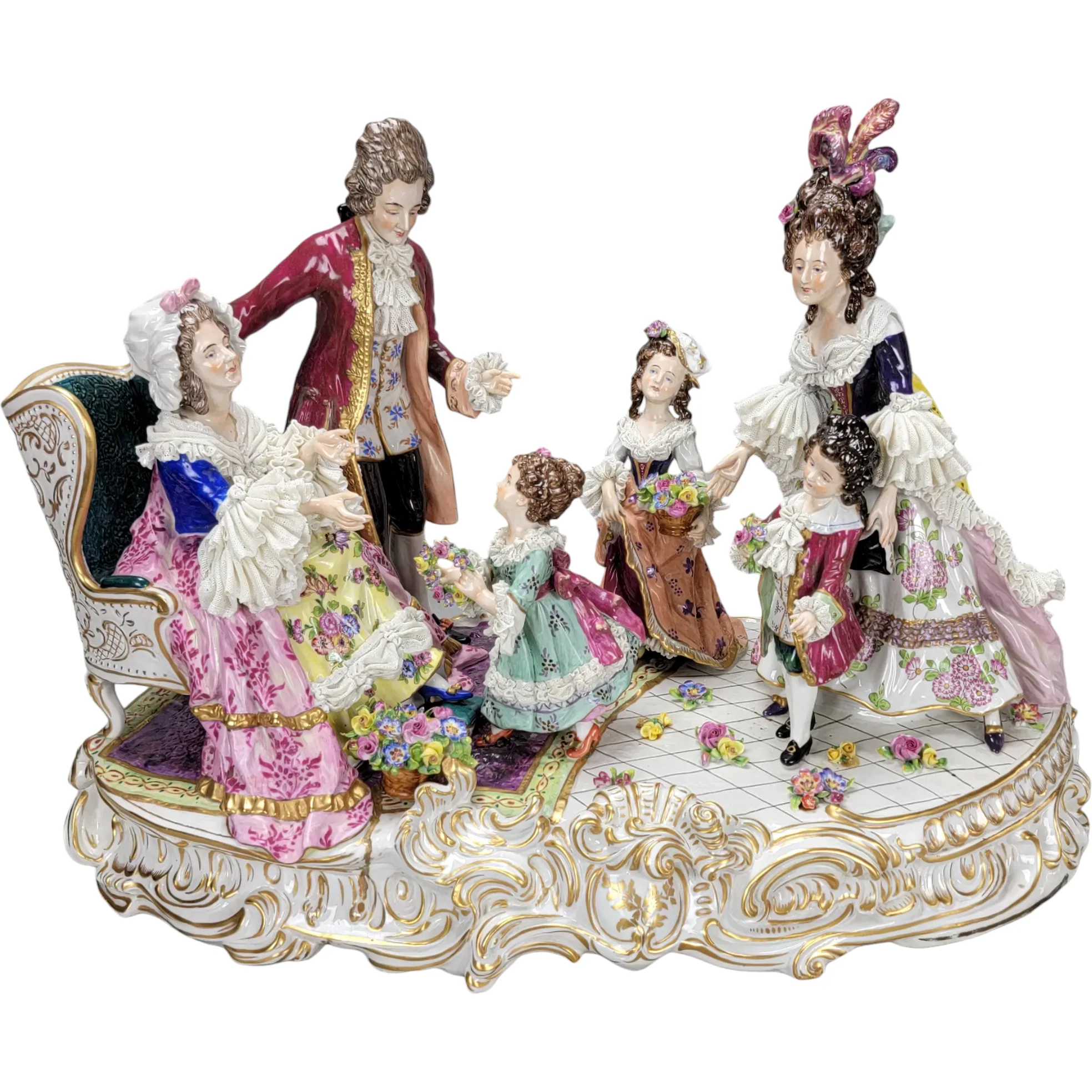 Large Volkstedt Germany Porcelain Group - Grandmother Family Gathering
