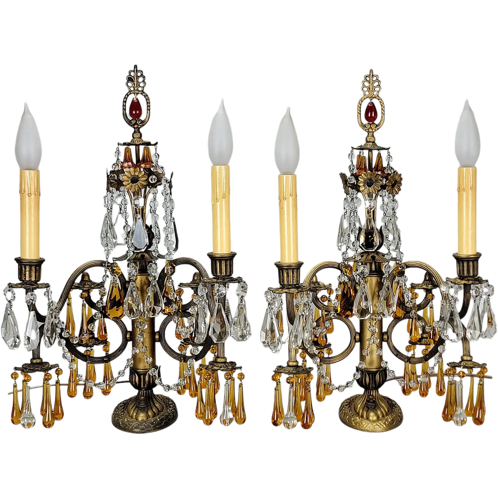 Pair Vintage Brass 2 Light Candelabra - Amber Drops - Scroll Arms