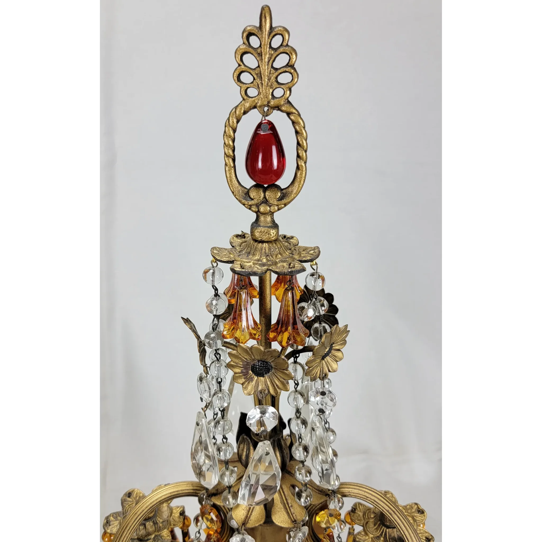 Pair Vintage Brass 2 Light Candelabra - Amber Drops - Scroll Arms - View 10