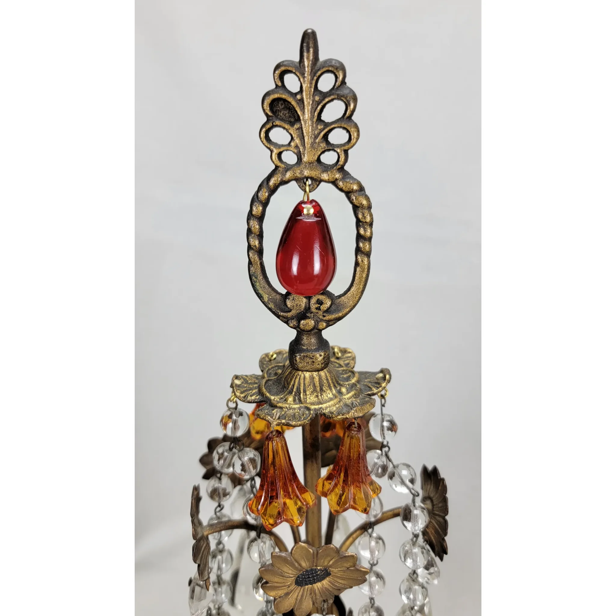 Pair Vintage Brass 2 Light Candelabra - Amber Drops - Scroll Arms - View 11