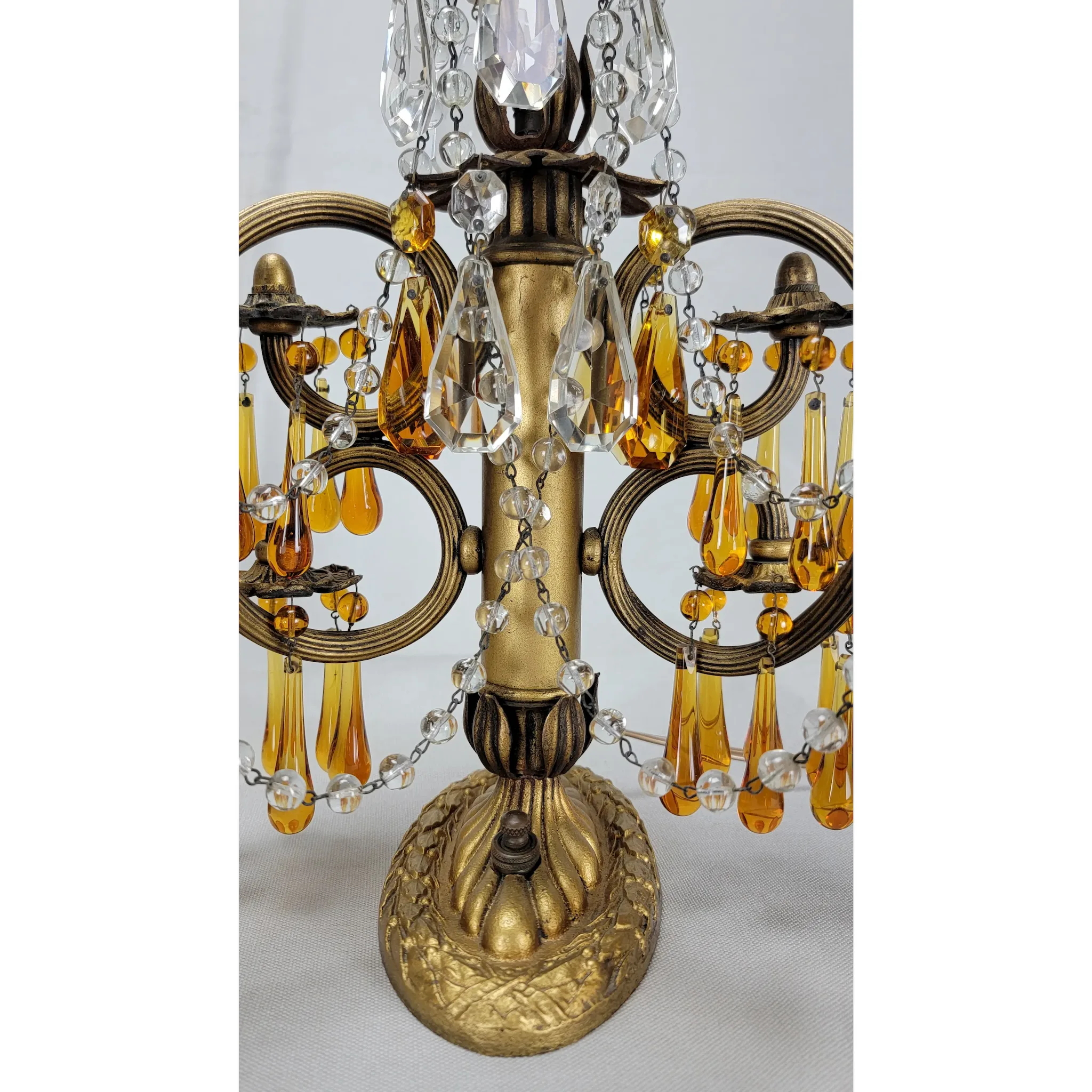 Pair Vintage Brass 2 Light Candelabra - Amber Drops - Scroll Arms - View 12