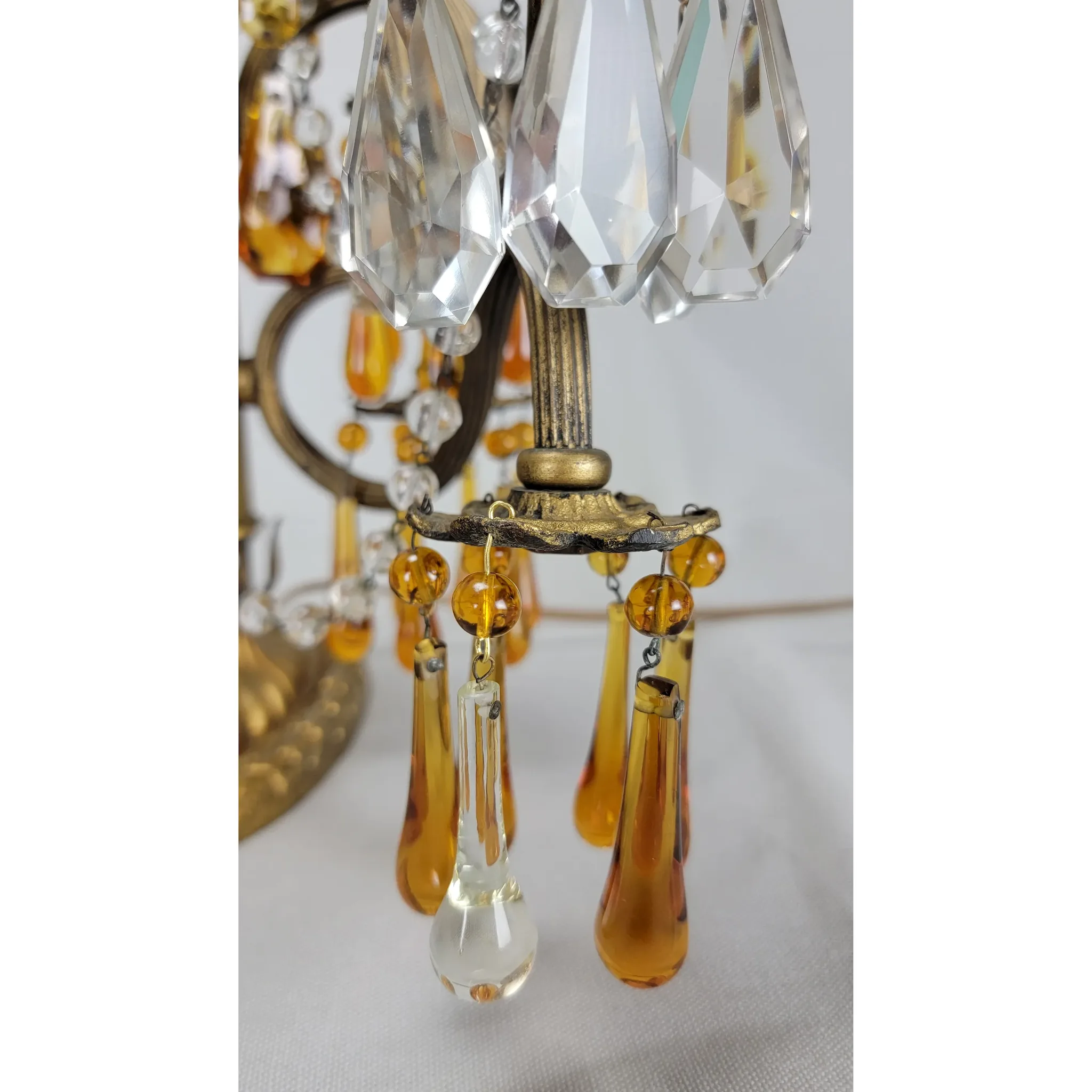 Pair Vintage Brass 2 Light Candelabra - Amber Drops - Scroll Arms - View 13
