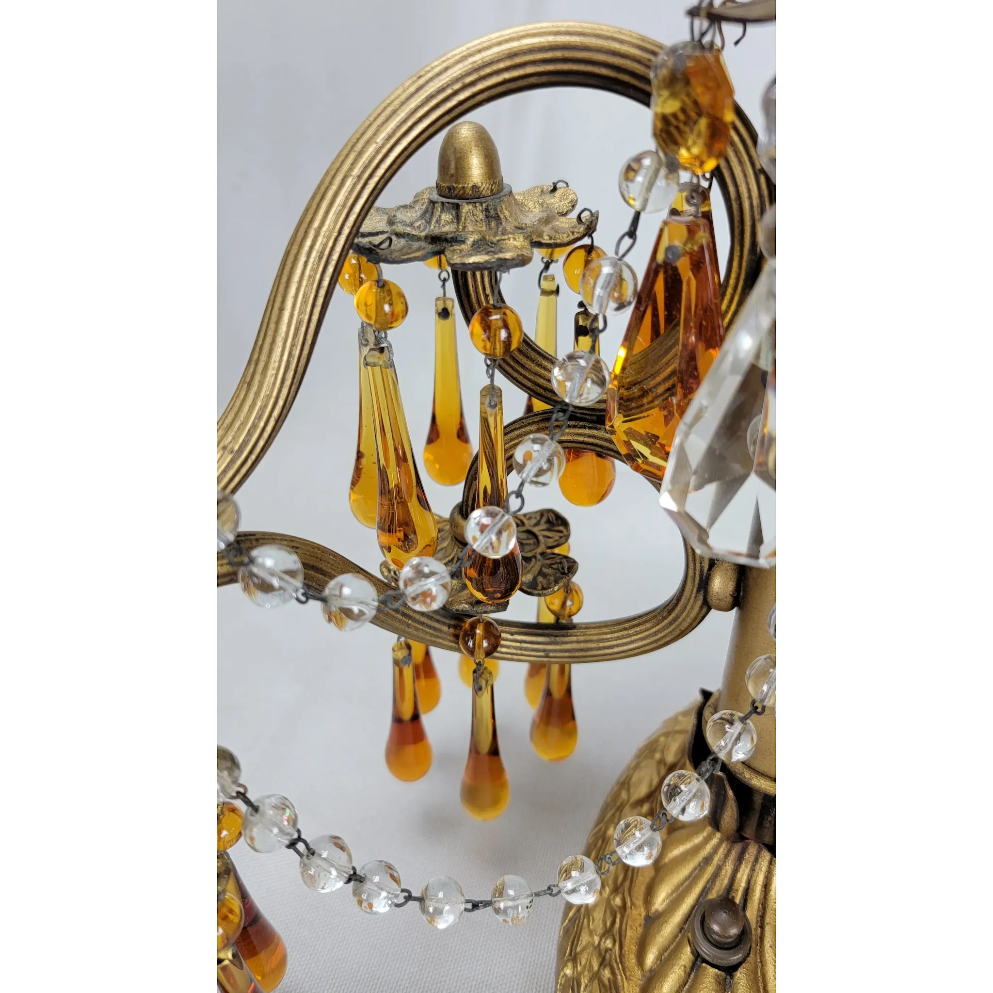 Pair Vintage Brass 2 Light Candelabra - Amber Drops - Scroll Arms - View 14