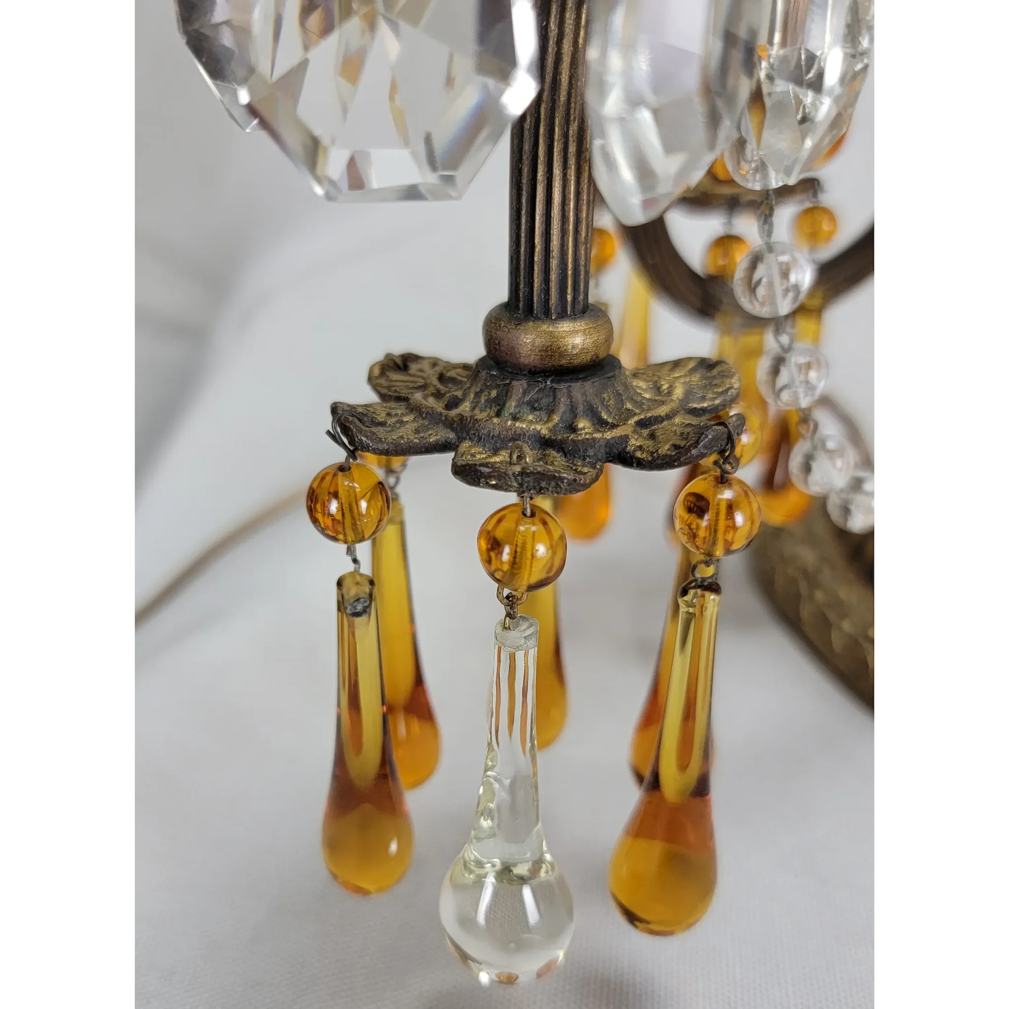 Pair Vintage Brass 2 Light Candelabra - Amber Drops - Scroll Arms - View 15