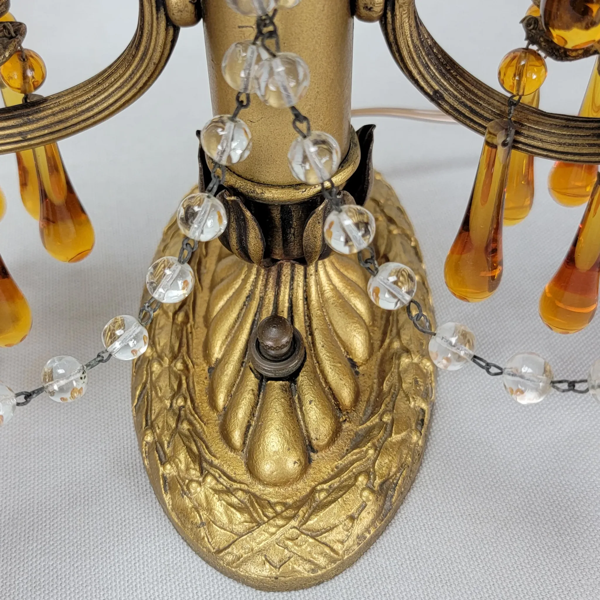 Pair Vintage Brass 2 Light Candelabra - Amber Drops - Scroll Arms - View 16