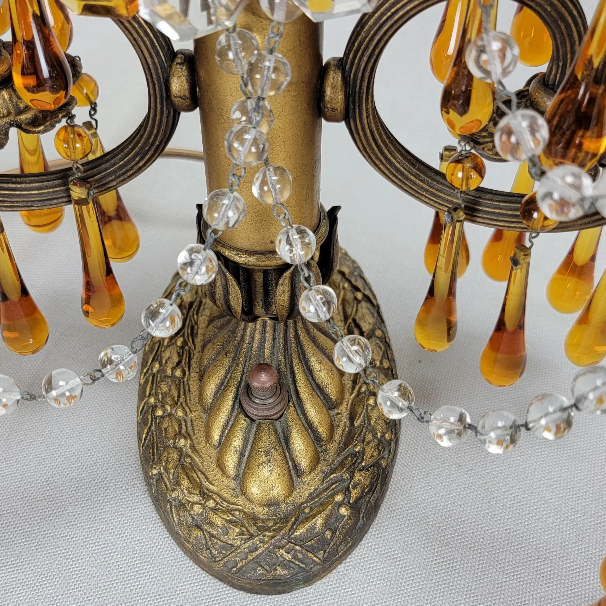 Pair Vintage Brass 2 Light Candelabra - Amber Drops - Scroll Arms - View 17