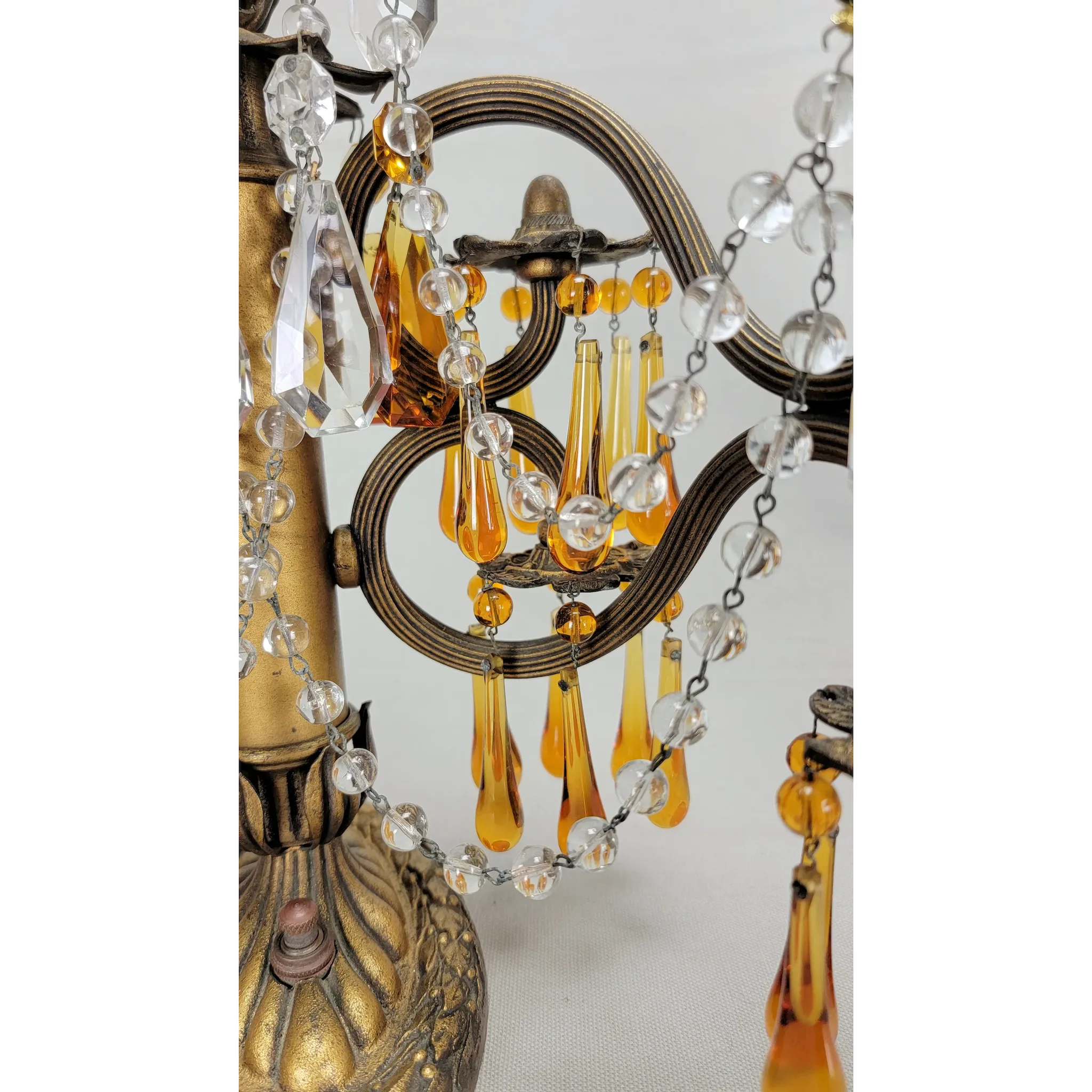 Pair Vintage Brass 2 Light Candelabra - Amber Drops - Scroll Arms - View 18