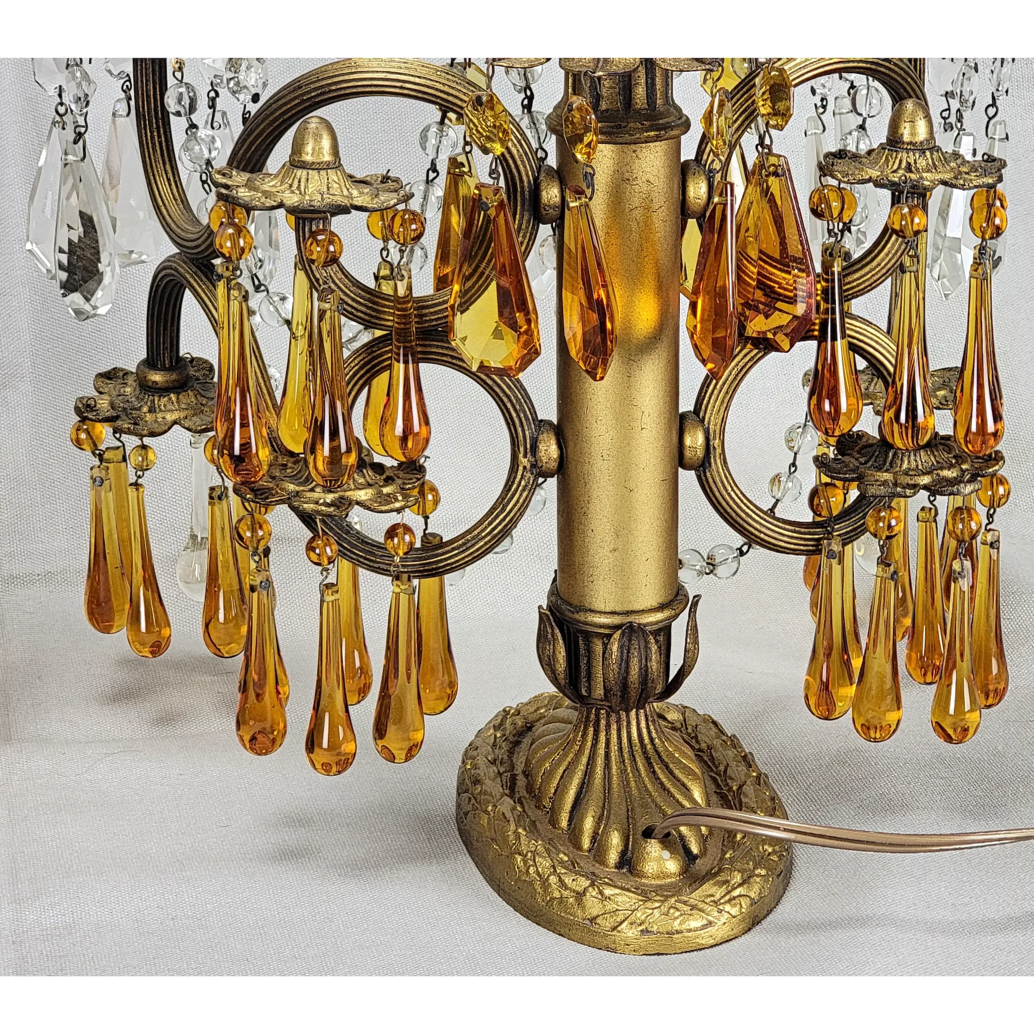 Pair Vintage Brass 2 Light Candelabra - Amber Drops - Scroll Arms - View 19