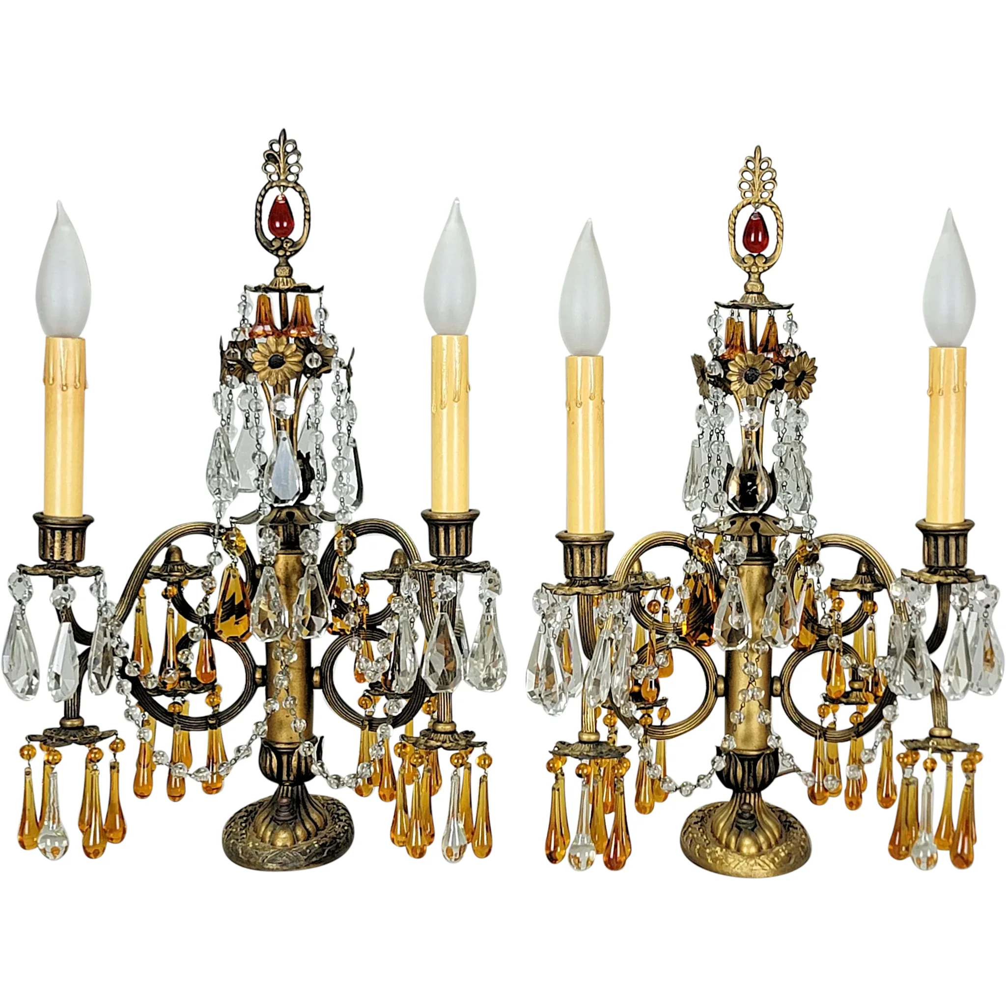 Pair Vintage Brass 2 Light Candelabra - Amber Drops - Scroll Arms - View 2