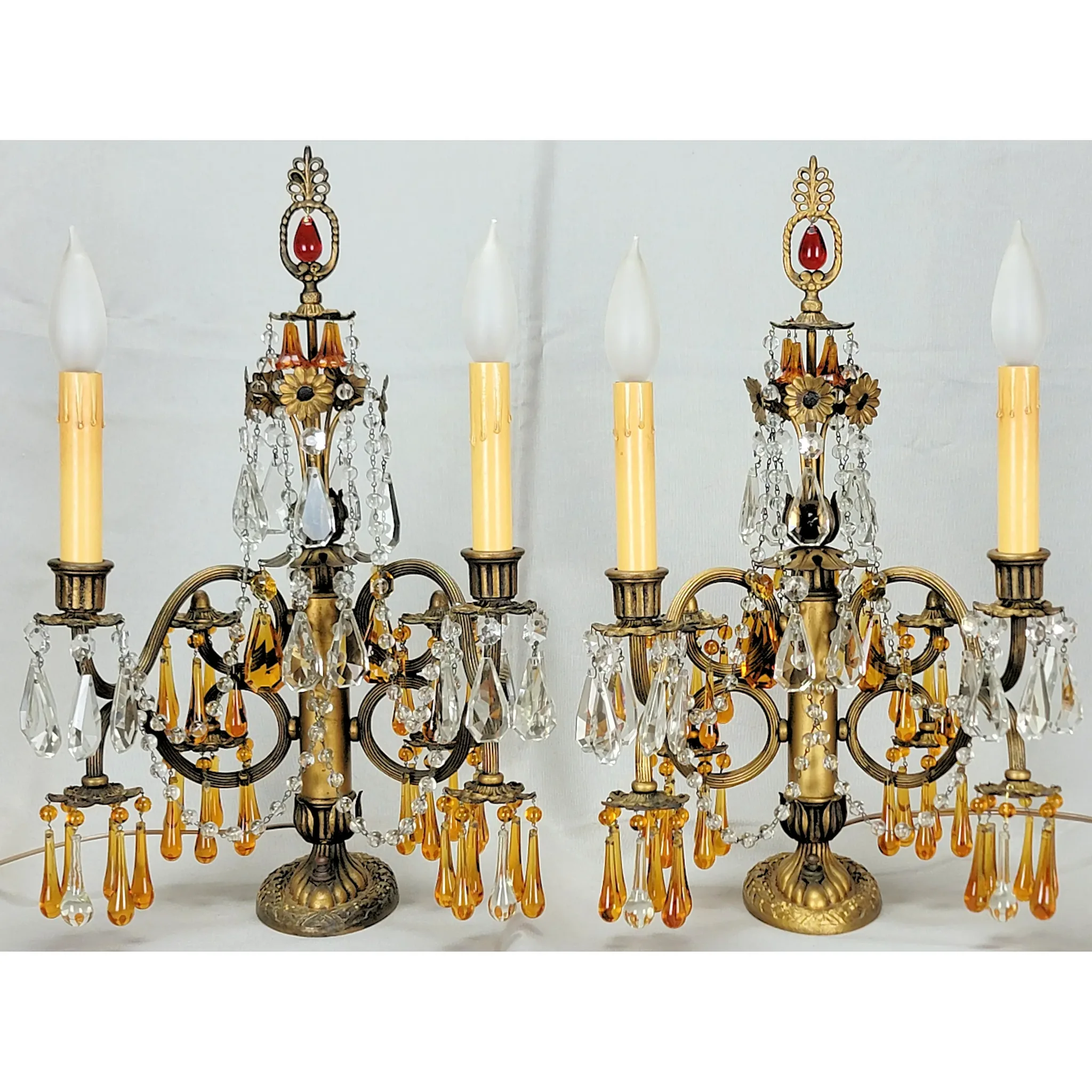 Pair Vintage Brass 2 Light Candelabra - Amber Drops - Scroll Arms - View 3