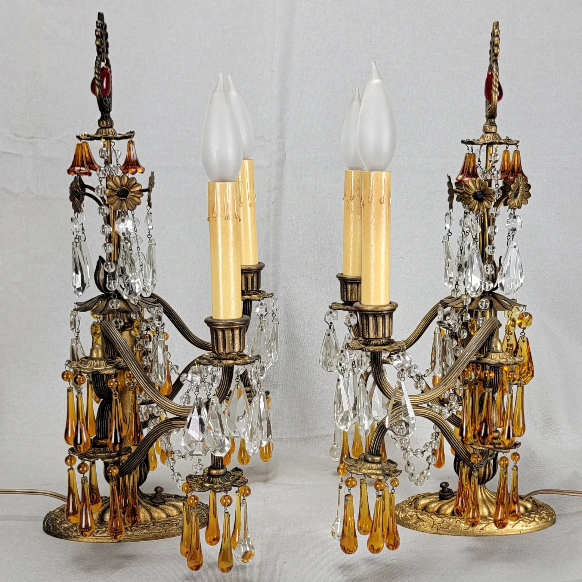 Pair Vintage Brass 2 Light Candelabra - Amber Drops - Scroll Arms - View 4
