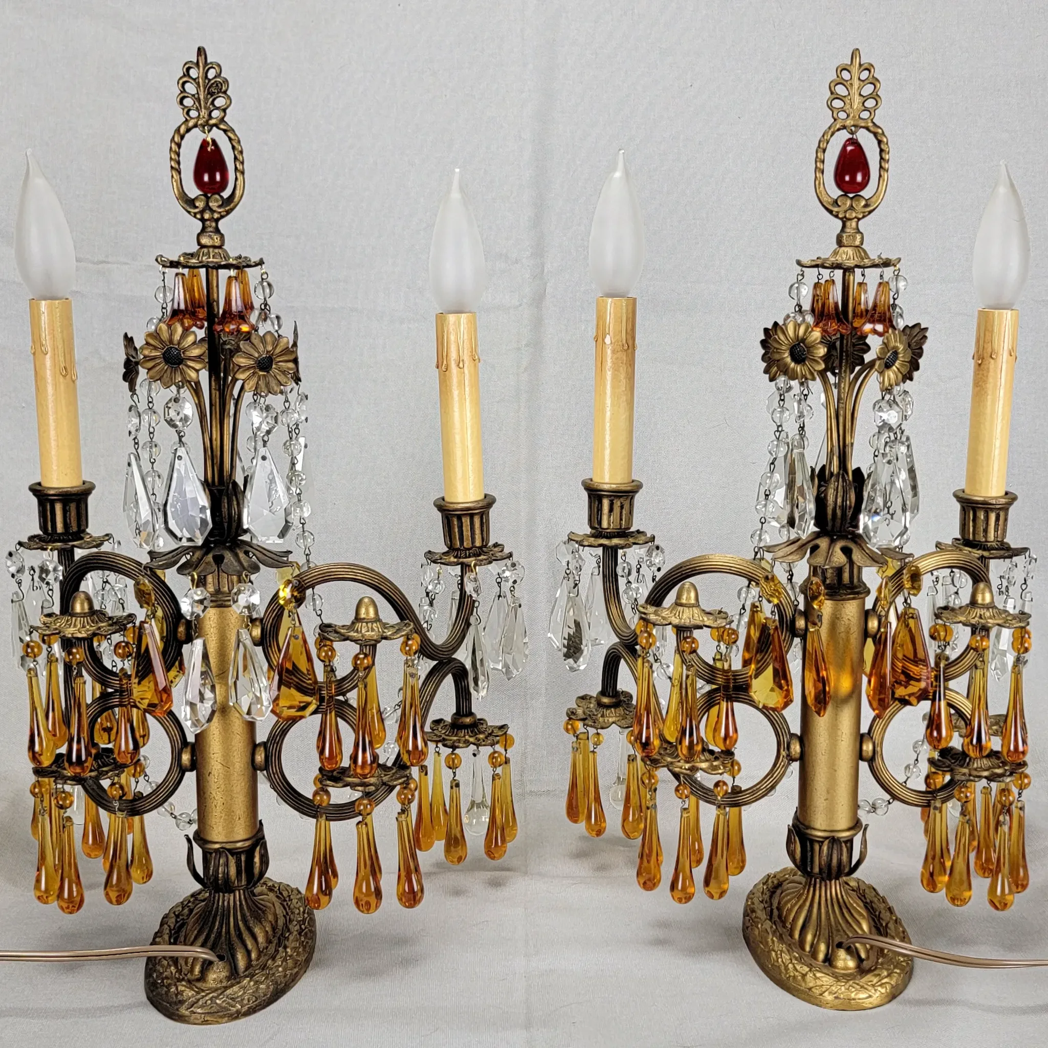 Pair Vintage Brass 2 Light Candelabra - Amber Drops - Scroll Arms - View 5