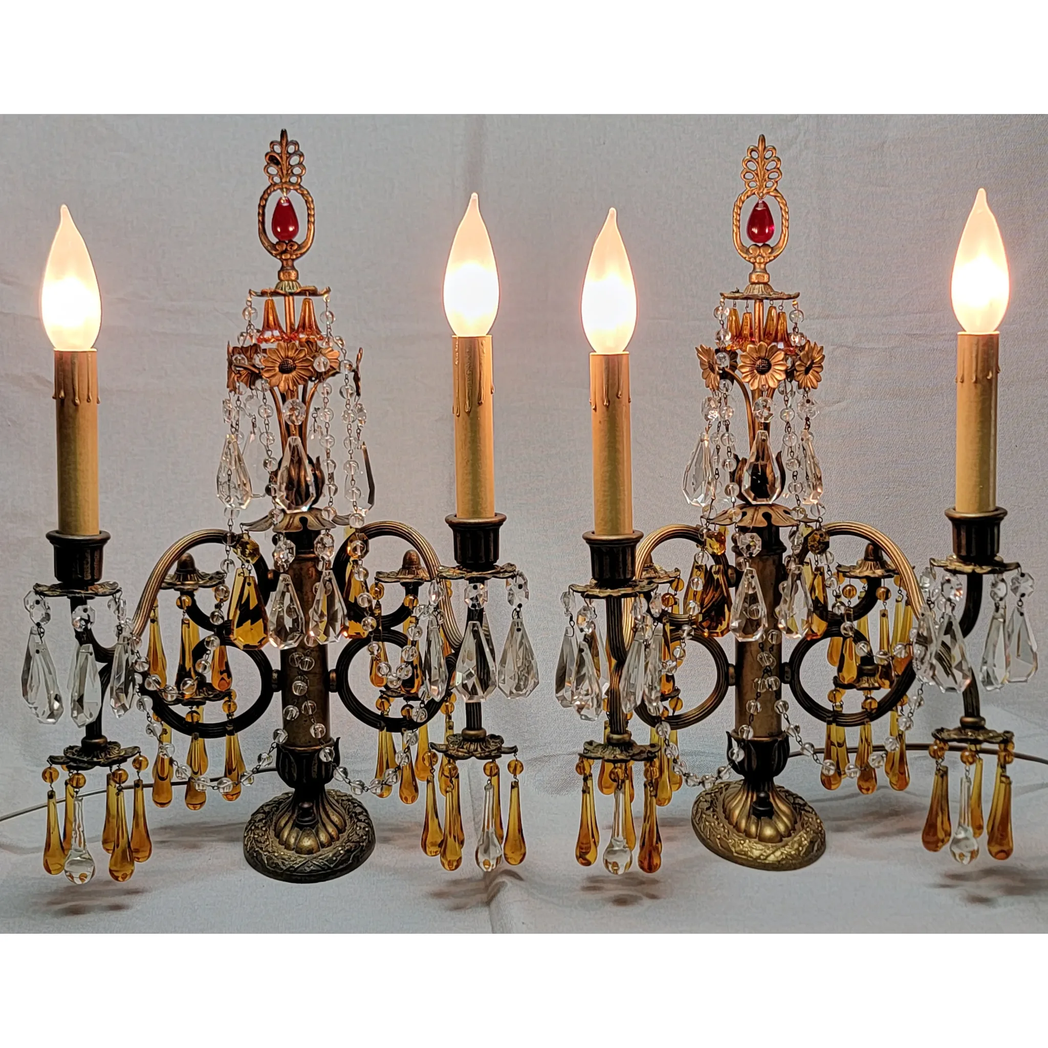 Pair Vintage Brass 2 Light Candelabra - Amber Drops - Scroll Arms - View 6