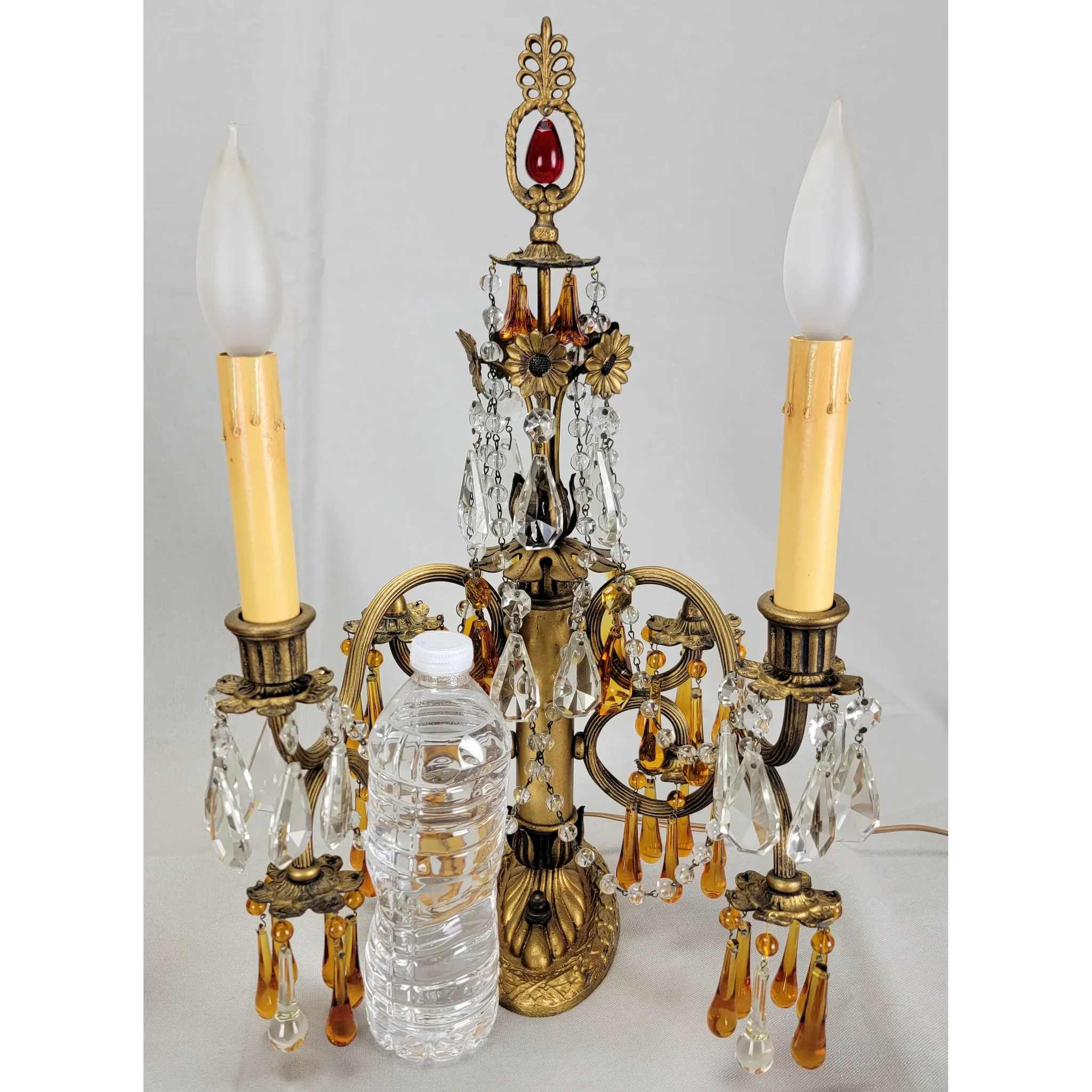 Pair Vintage Brass 2 Light Candelabra - Amber Drops - Scroll Arms - View 7