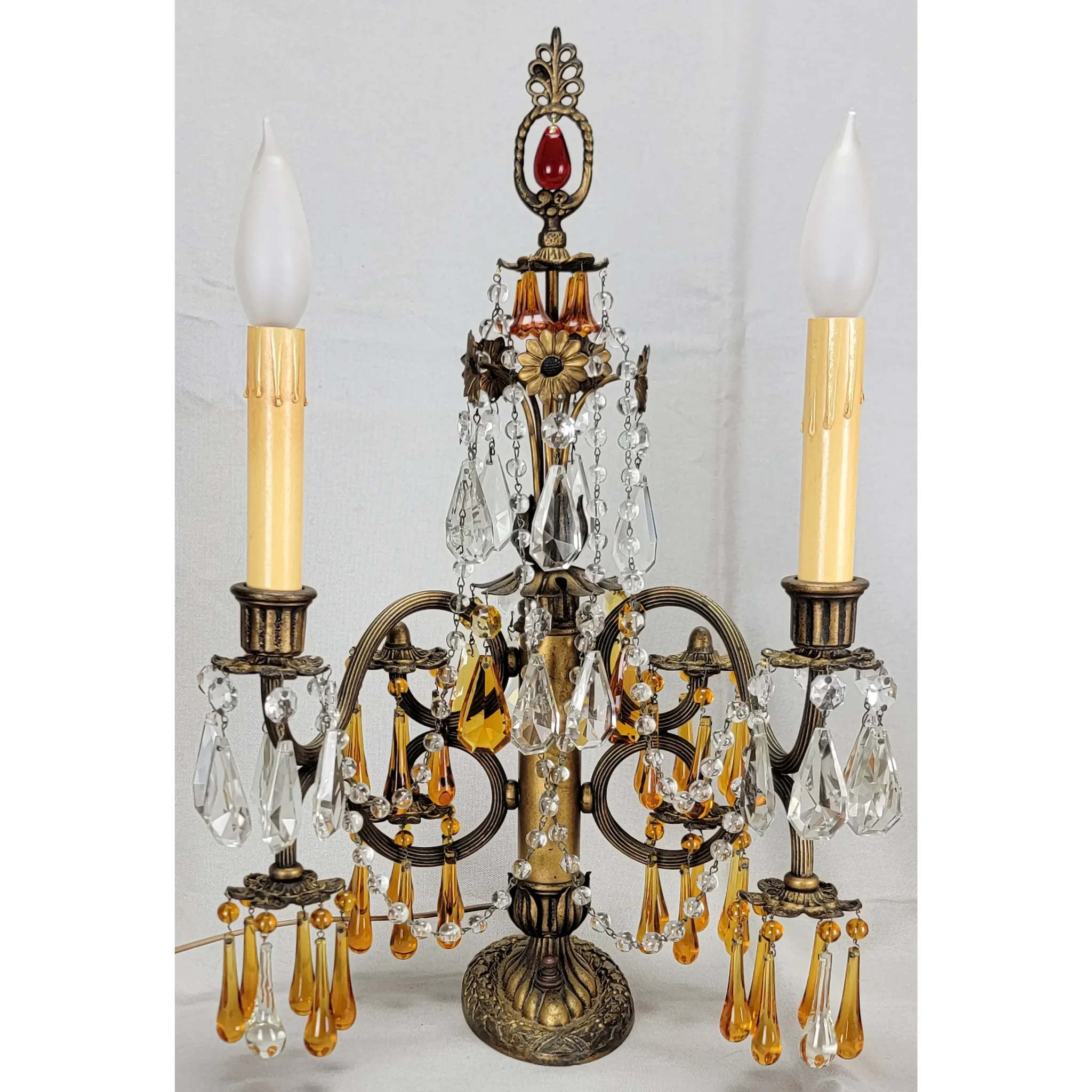 Pair Vintage Brass 2 Light Candelabra - Amber Drops - Scroll Arms - View 8