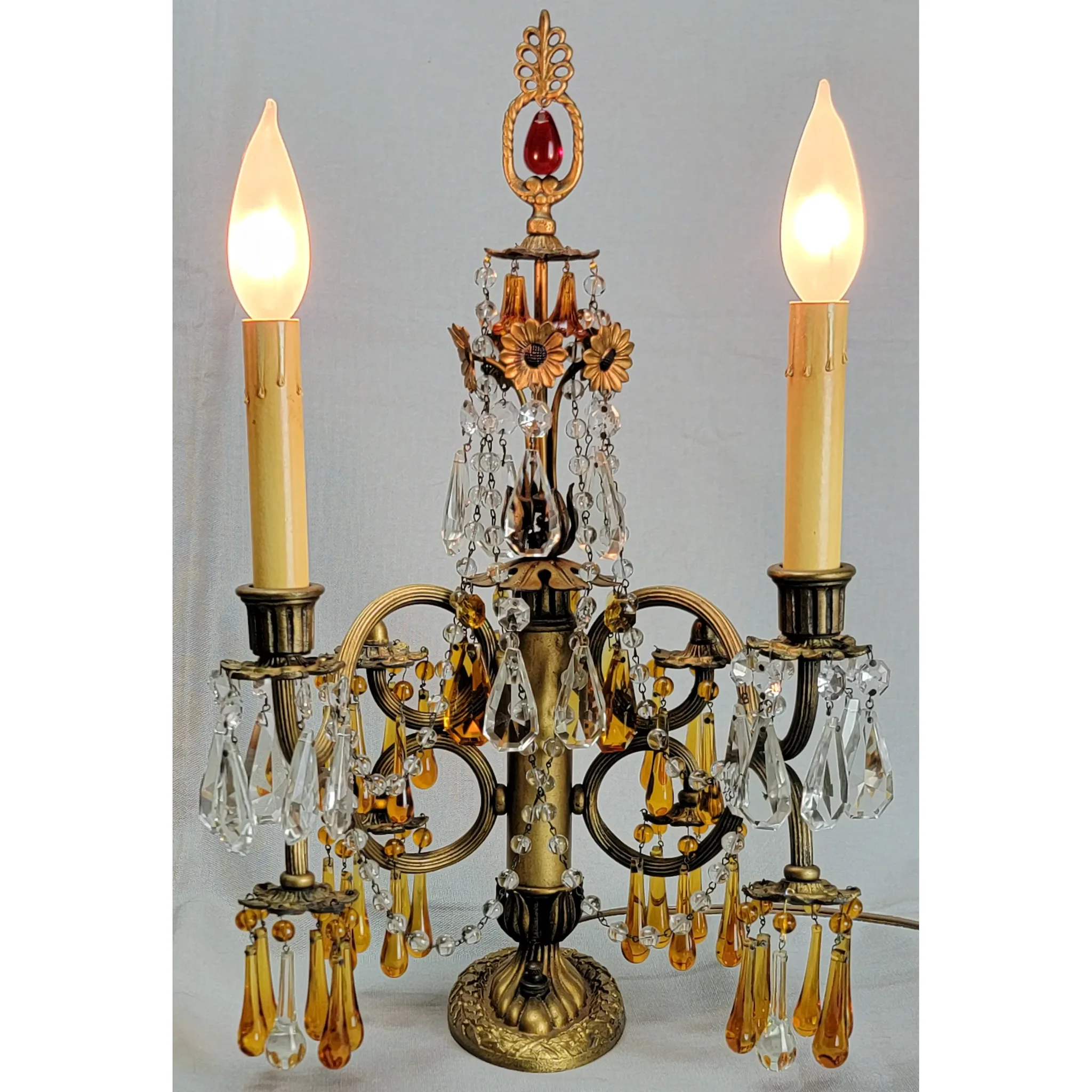 Pair Vintage Brass 2 Light Candelabra - Amber Drops - Scroll Arms - View 9
