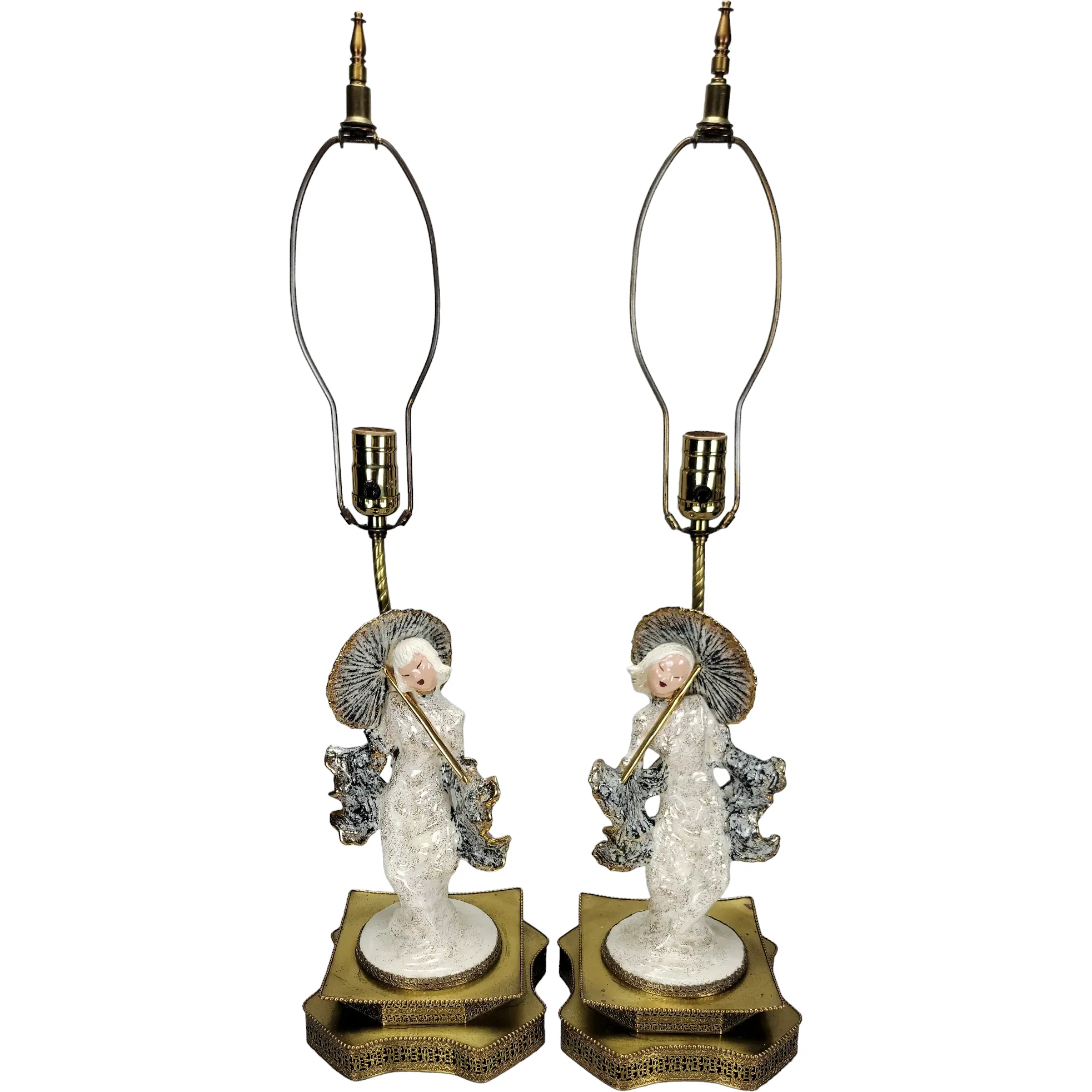Pair Vintage Hedi Schoop Art Creations Asian Girls With Parasols - Lamps