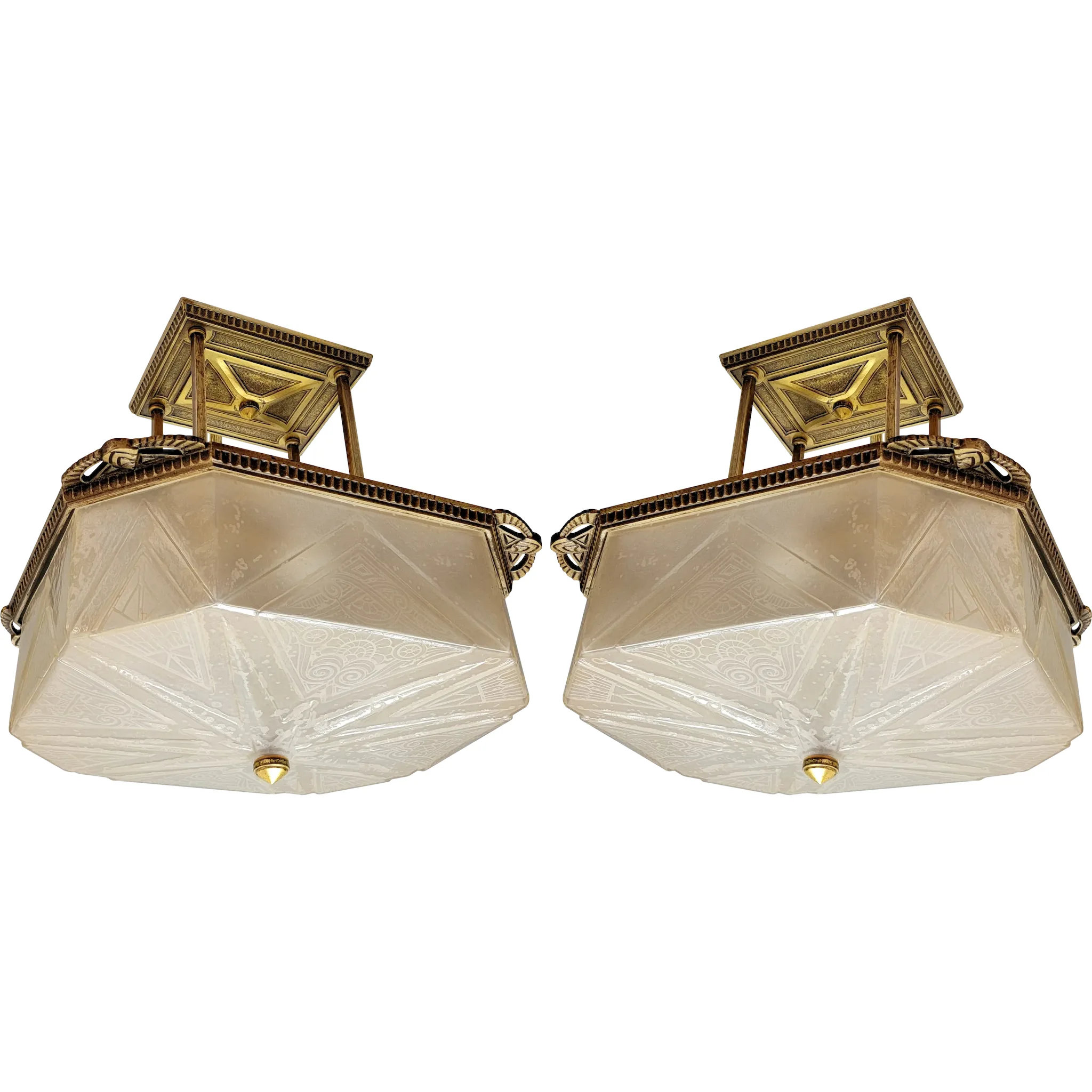 Rare Pair Art Deco Lightolier Semi-Flush Mount Ceiling Light Fixtures / Chandeliers