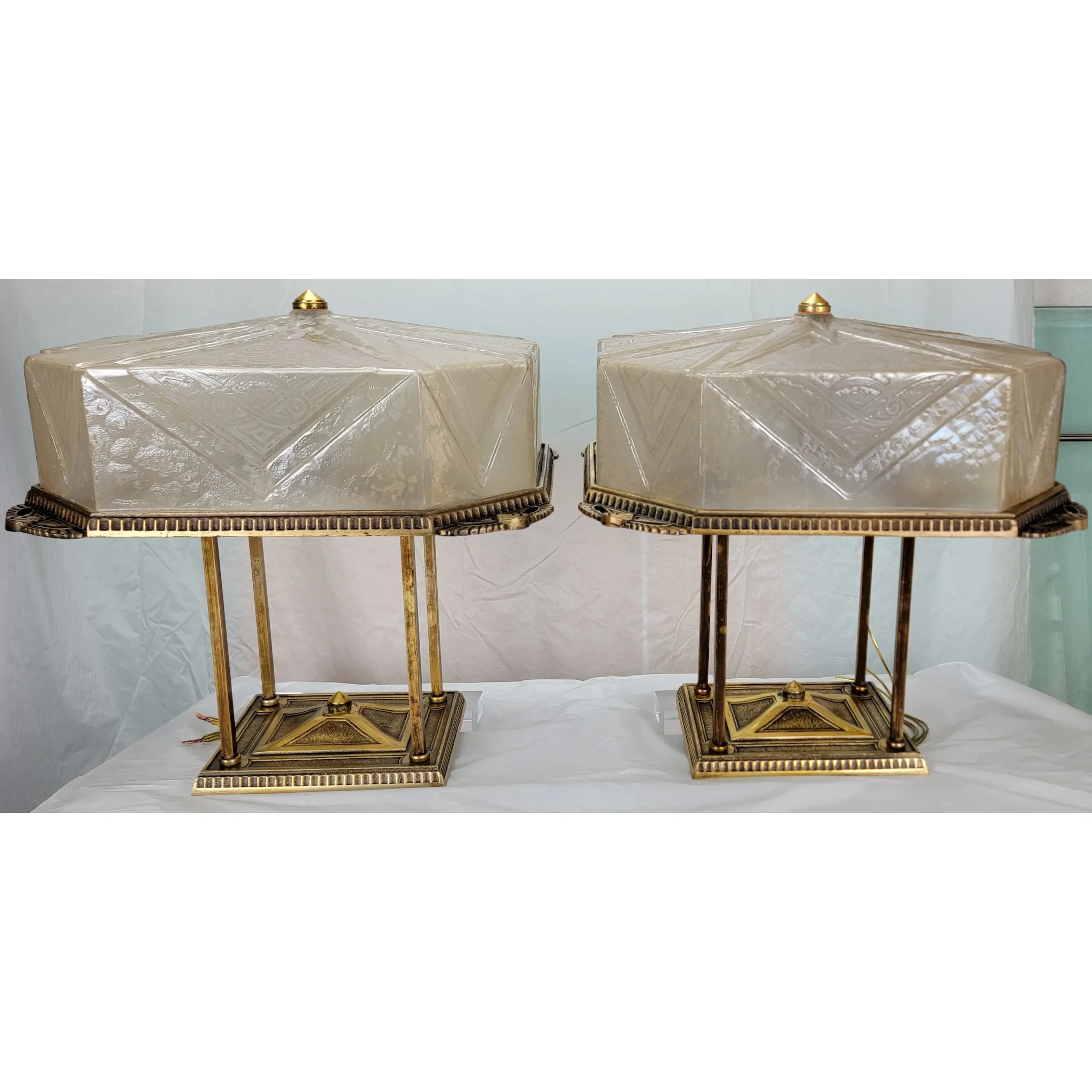 Rare Pair Art Deco Lightolier Semi-Flush Mount Ceiling Light Fixtures / Chandeliers - View 2