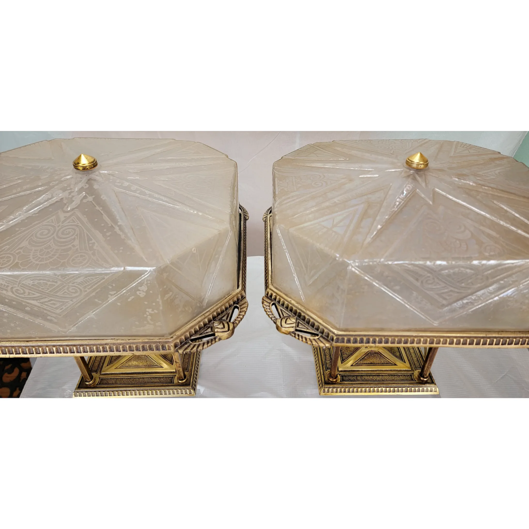 Rare Pair Art Deco Lightolier Semi-Flush Mount Ceiling Light Fixtures / Chandeliers - View 3