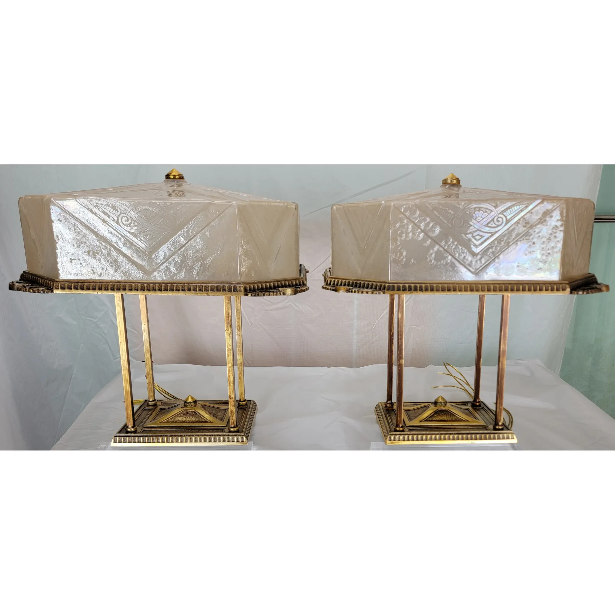 Rare Pair Art Deco Lightolier Semi-Flush Mount Ceiling Light Fixtures / Chandeliers - View 4