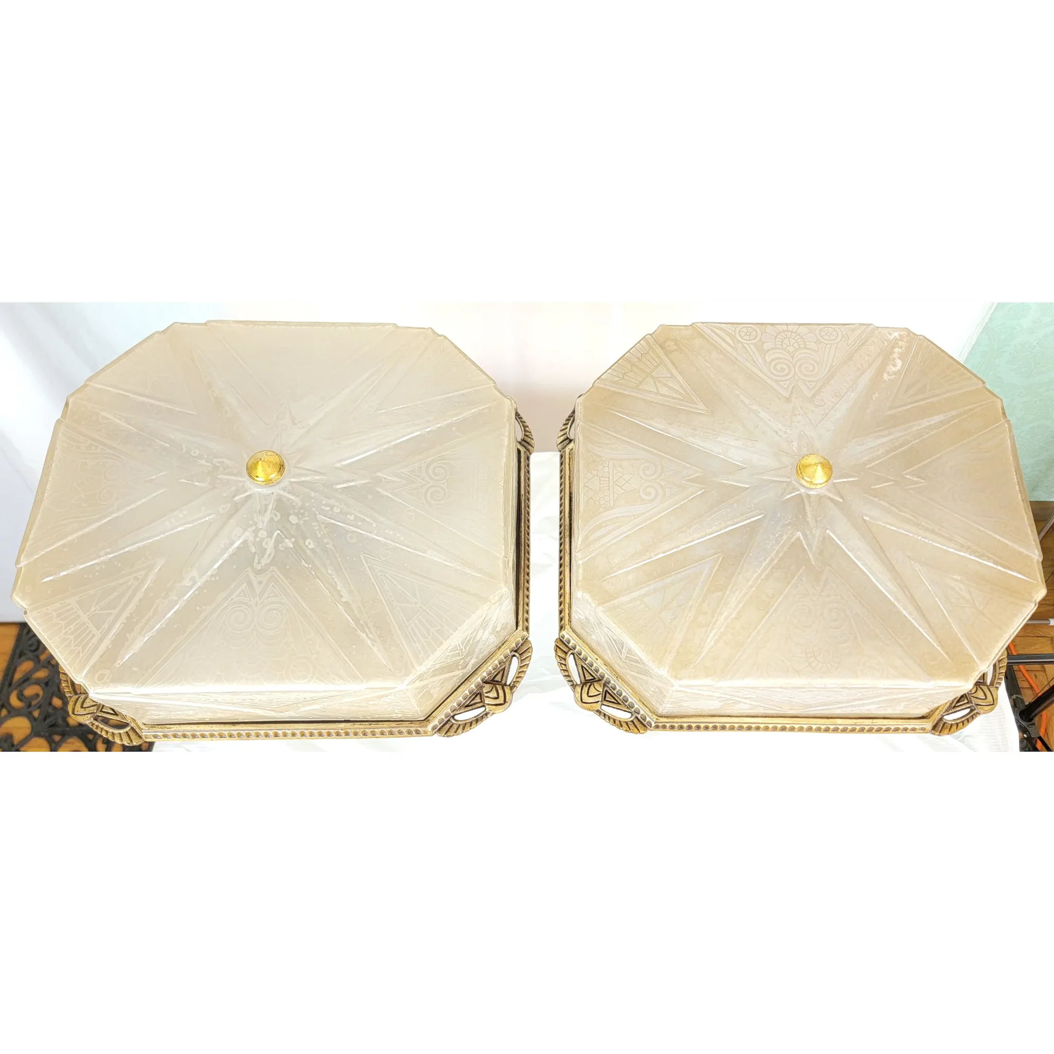 Rare Pair Art Deco Lightolier Semi-Flush Mount Ceiling Light Fixtures / Chandeliers - View 5