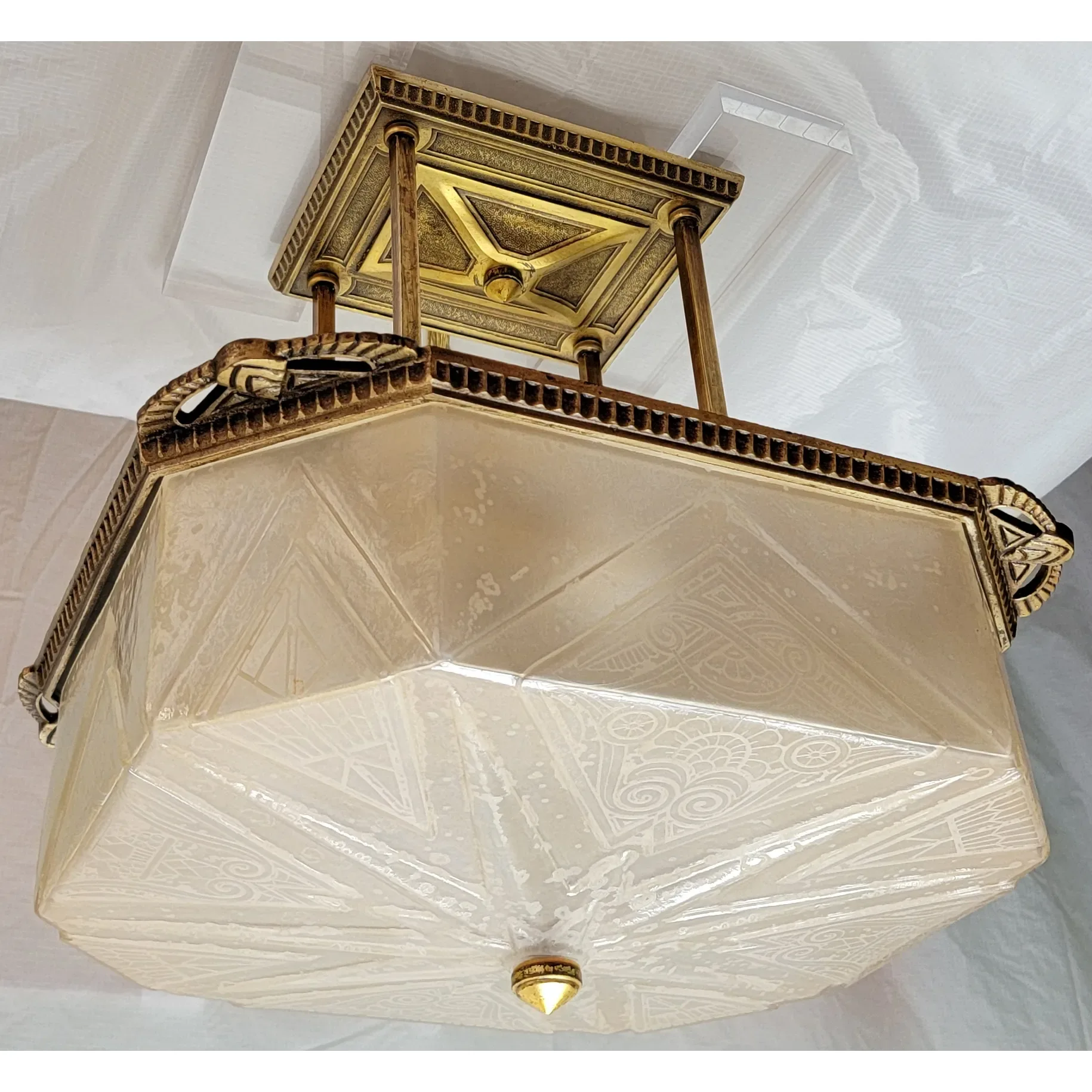 Rare Pair Art Deco Lightolier Semi-Flush Mount Ceiling Light Fixtures / Chandeliers - View 9