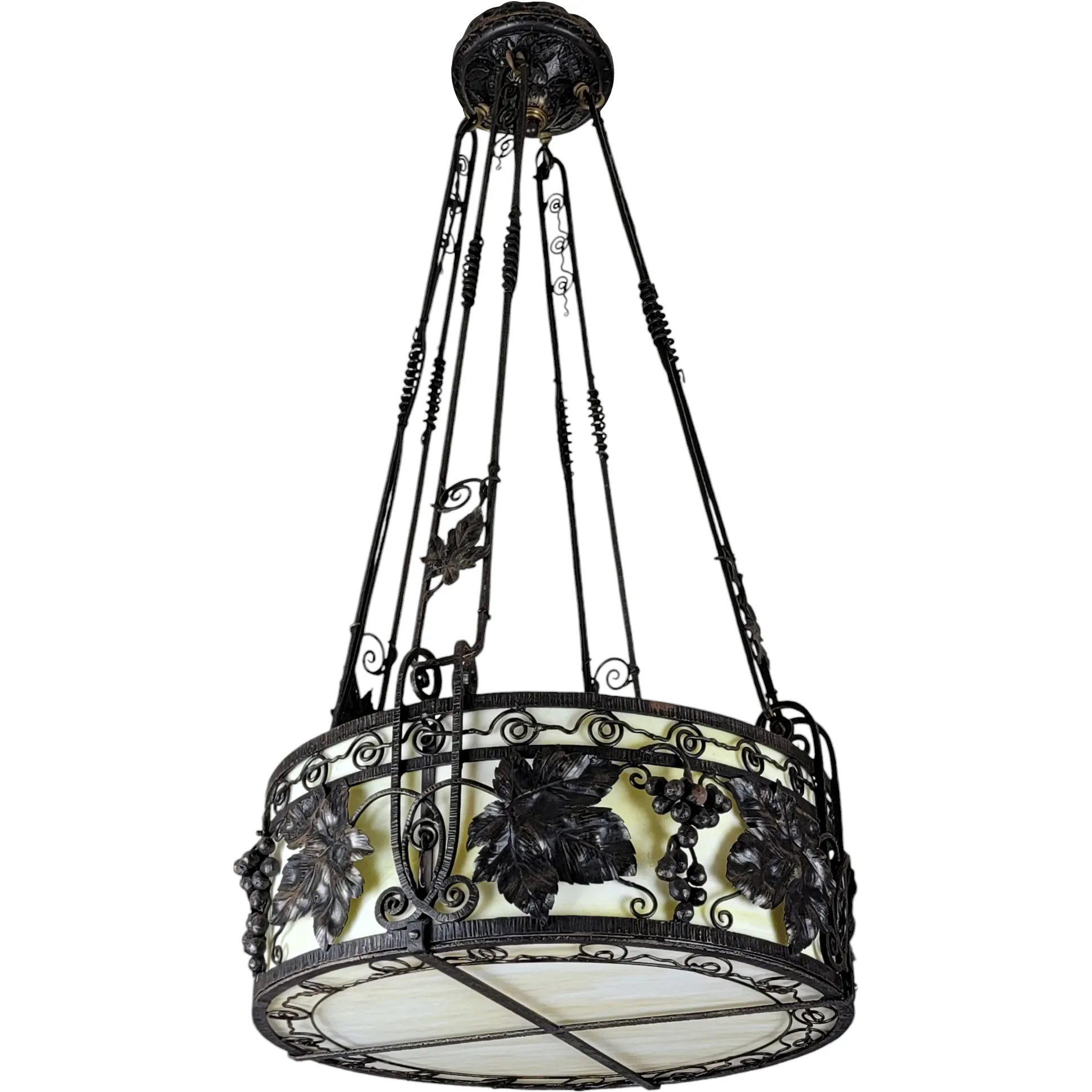 1920s French Wrought Iron 4 Light Fixture with Yellow Slag Glass