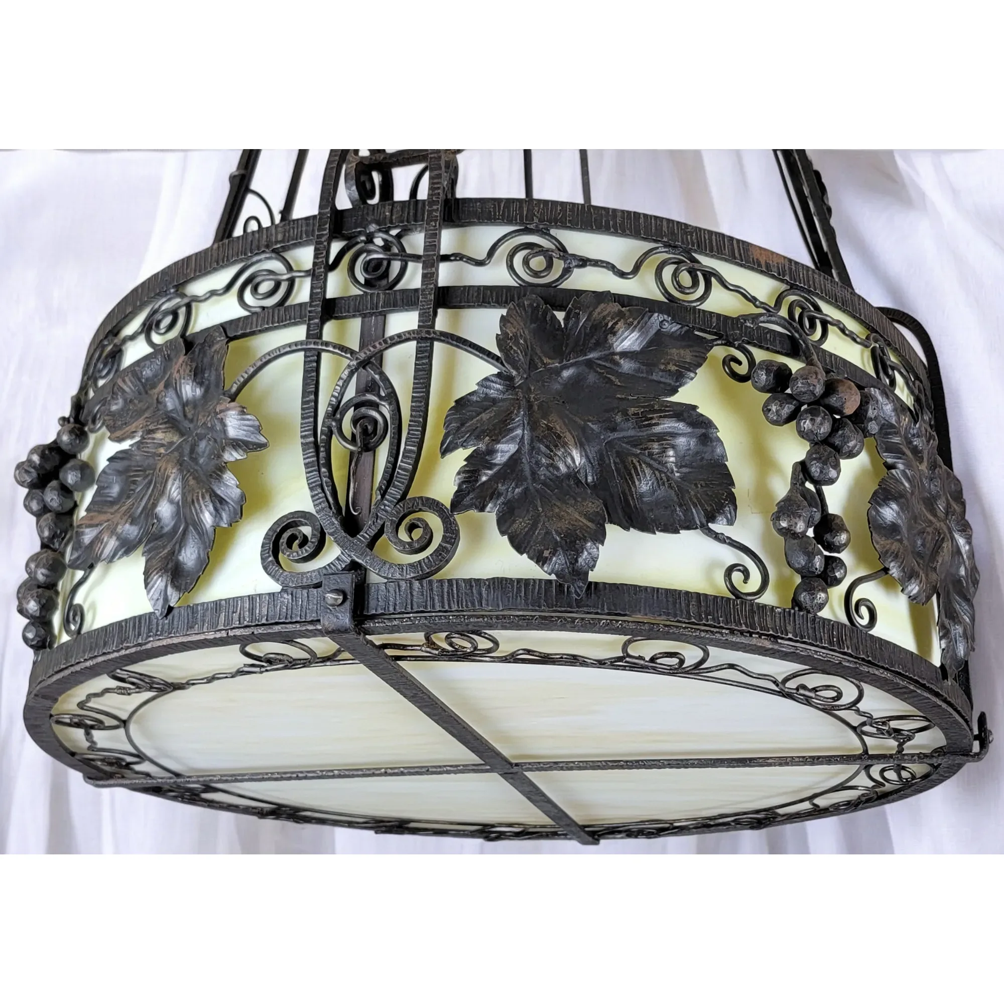1920s French Wrought Iron 4 Light Fixture with Yellow Slag Glass - View 10