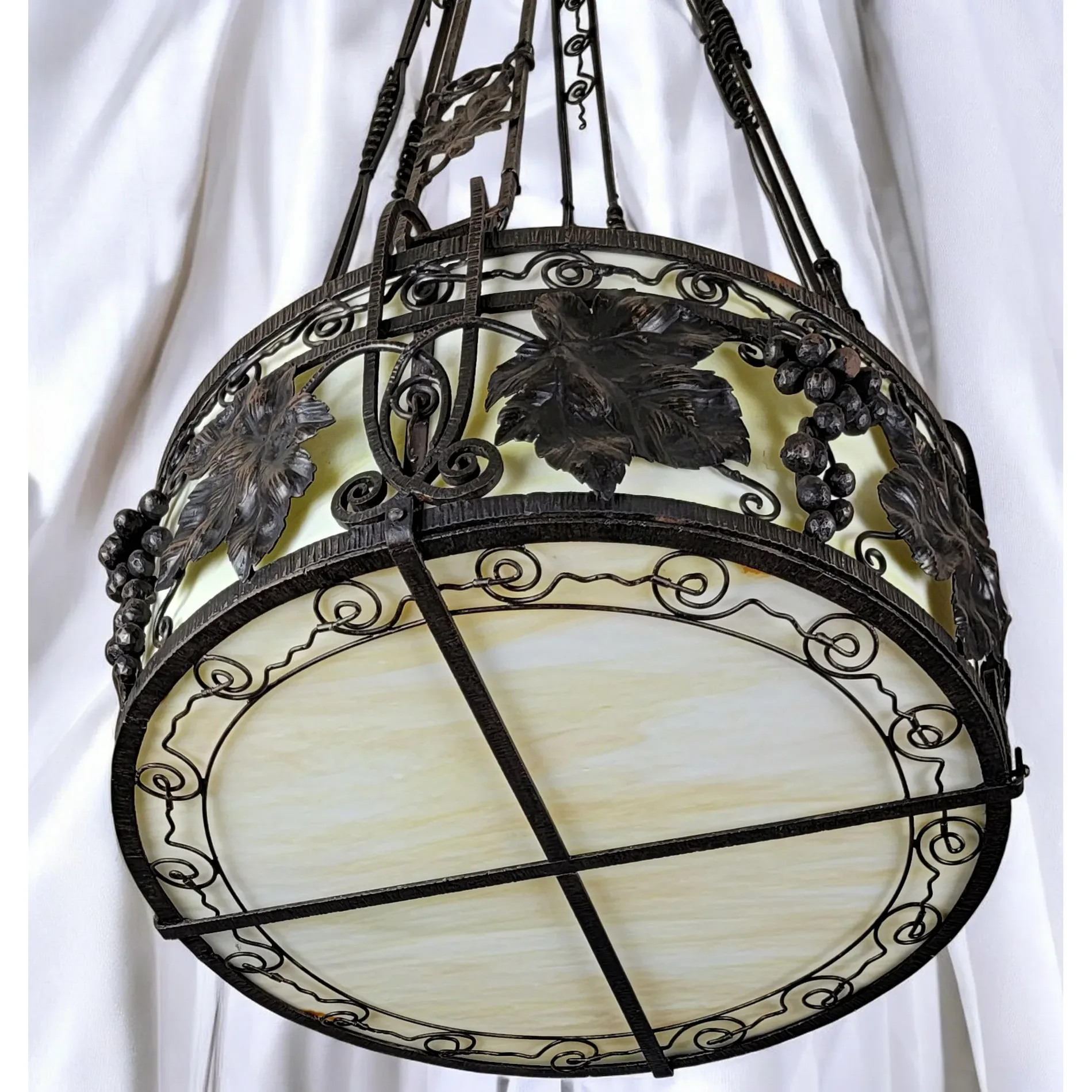 1920s French Wrought Iron 4 Light Fixture with Yellow Slag Glass - View 11