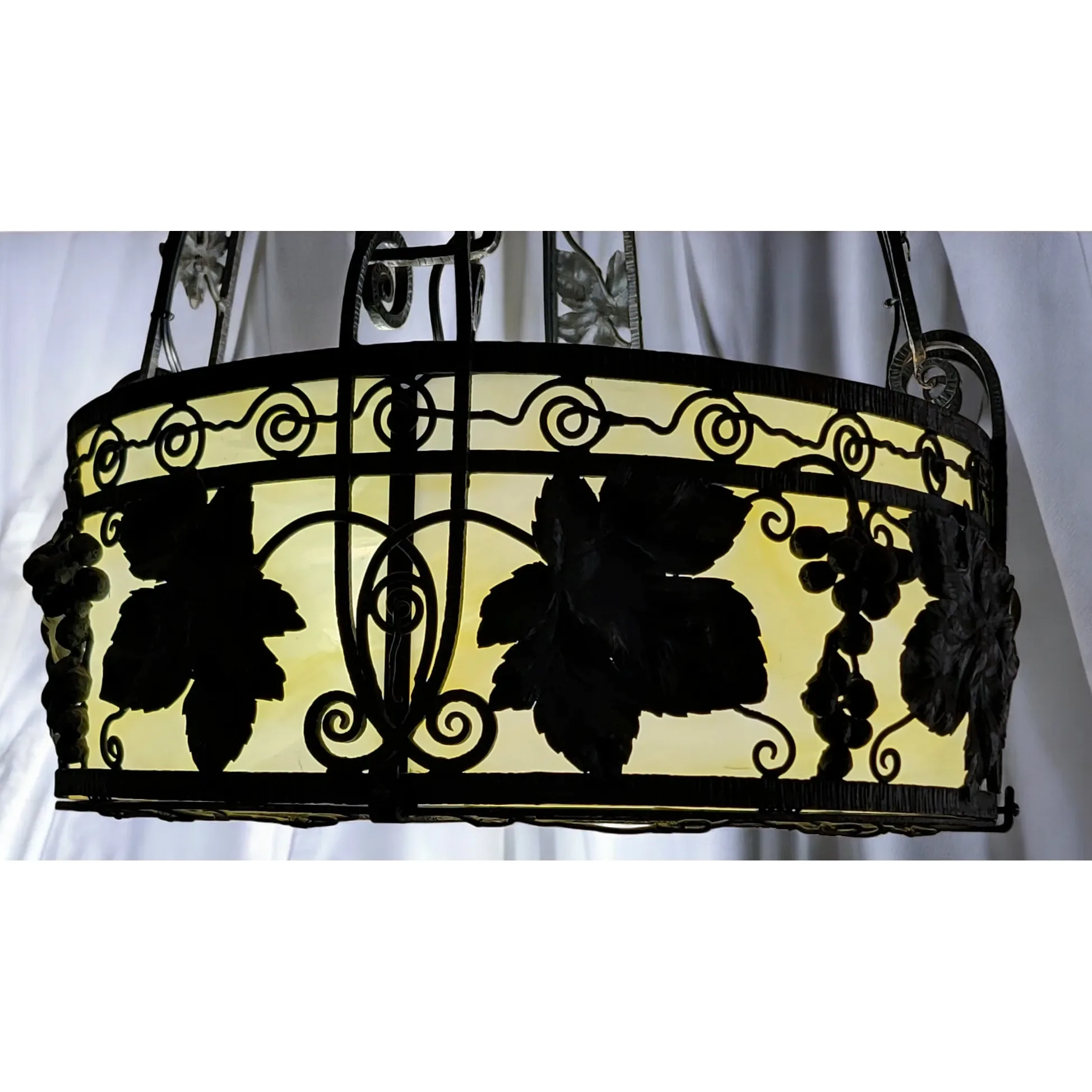 1920s French Wrought Iron 4 Light Fixture with Yellow Slag Glass - View 14