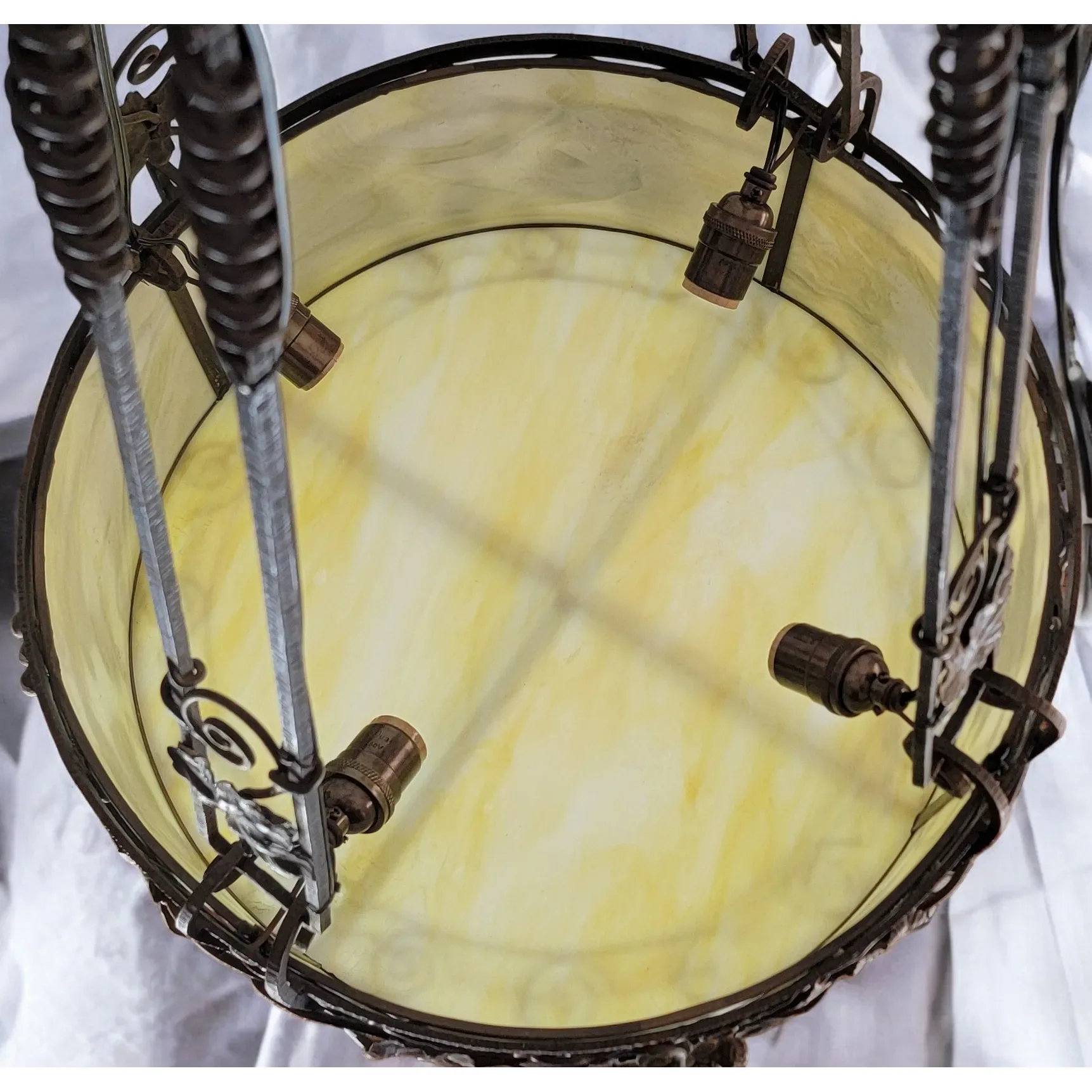 1920s French Wrought Iron 4 Light Fixture with Yellow Slag Glass - View 15