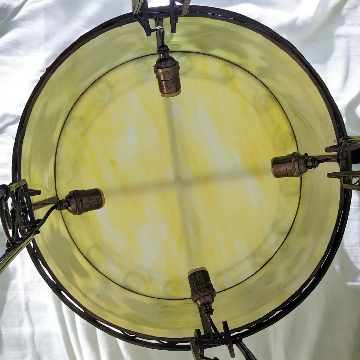 1920s French Wrought Iron 4 Light Fixture with Yellow Slag Glass - View 16