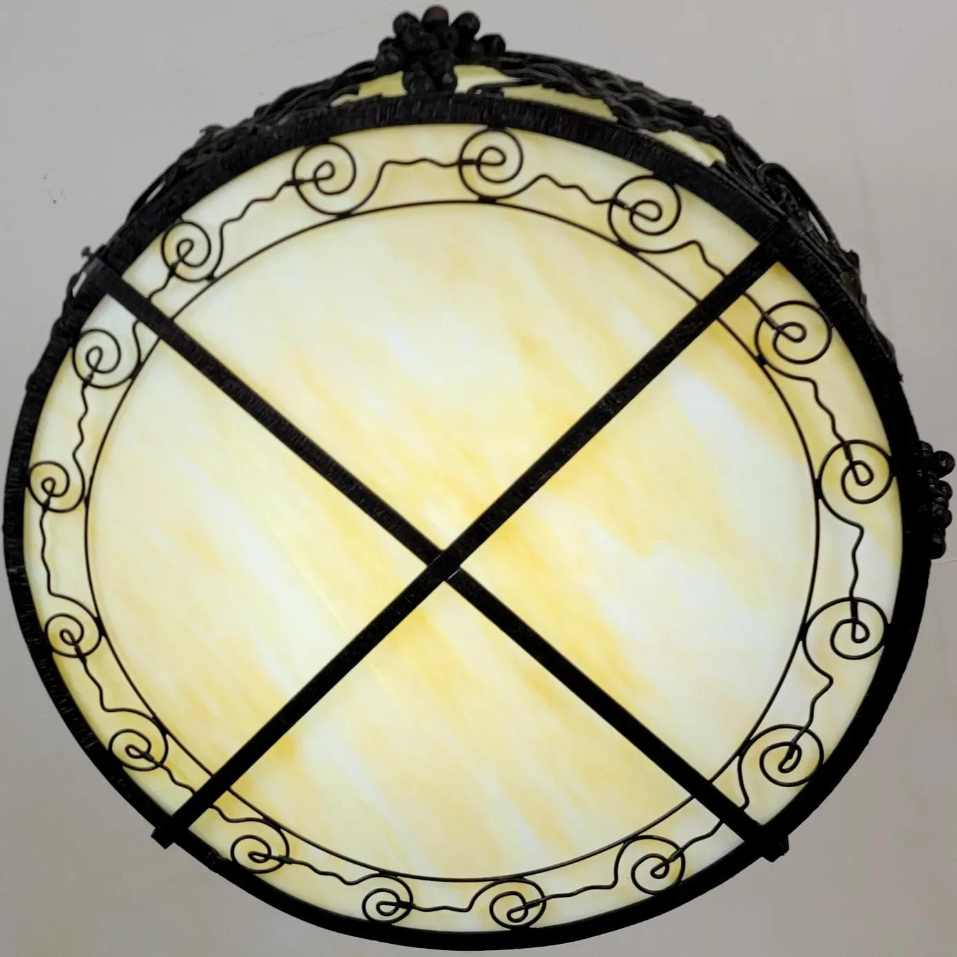 1920s French Wrought Iron 4 Light Fixture with Yellow Slag Glass - View 17