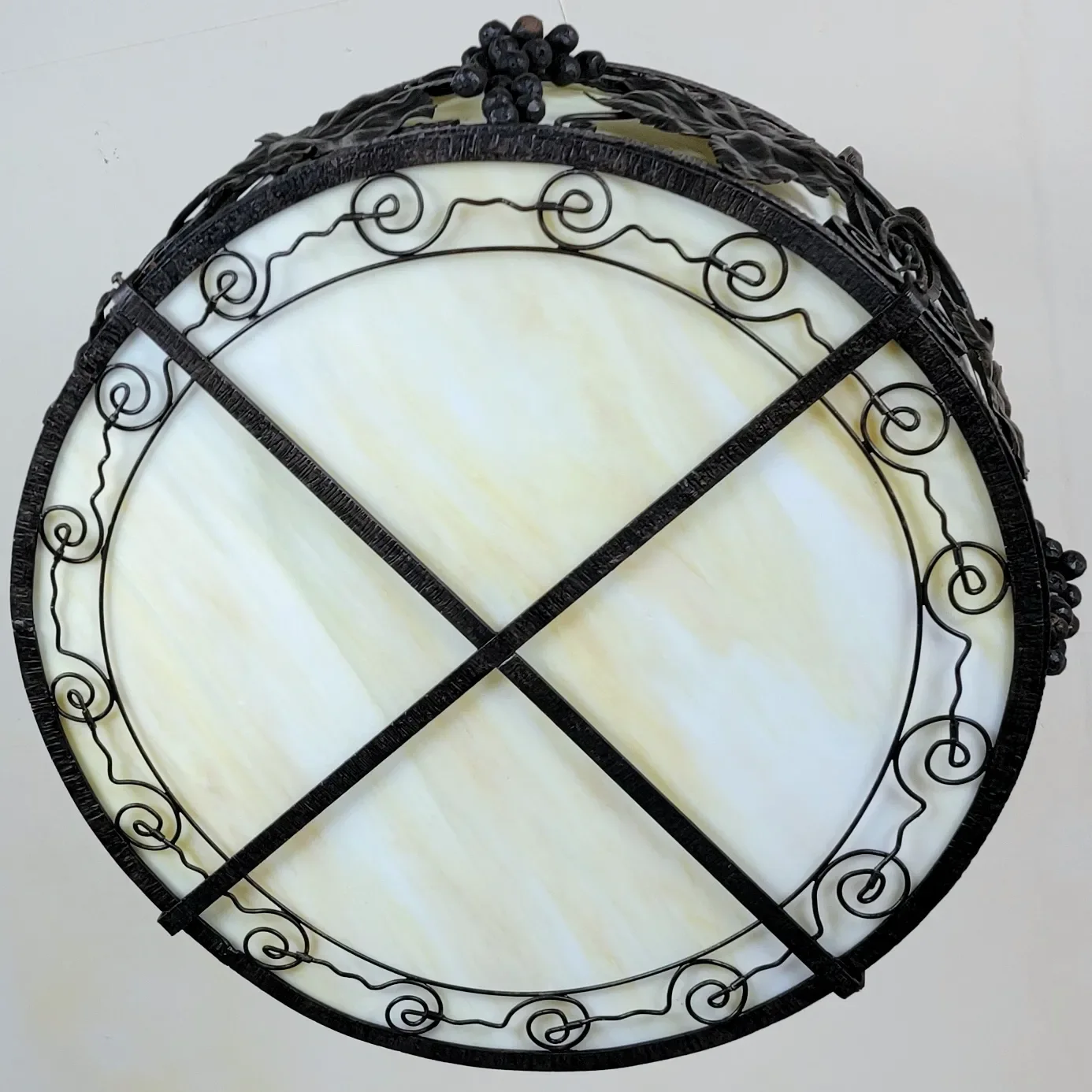 1920s French Wrought Iron 4 Light Fixture with Yellow Slag Glass - View 18