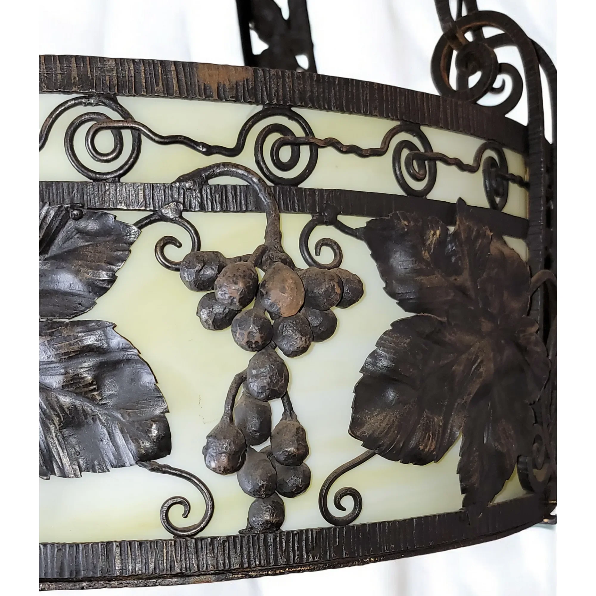 1920s French Wrought Iron 4 Light Fixture with Yellow Slag Glass - View 19