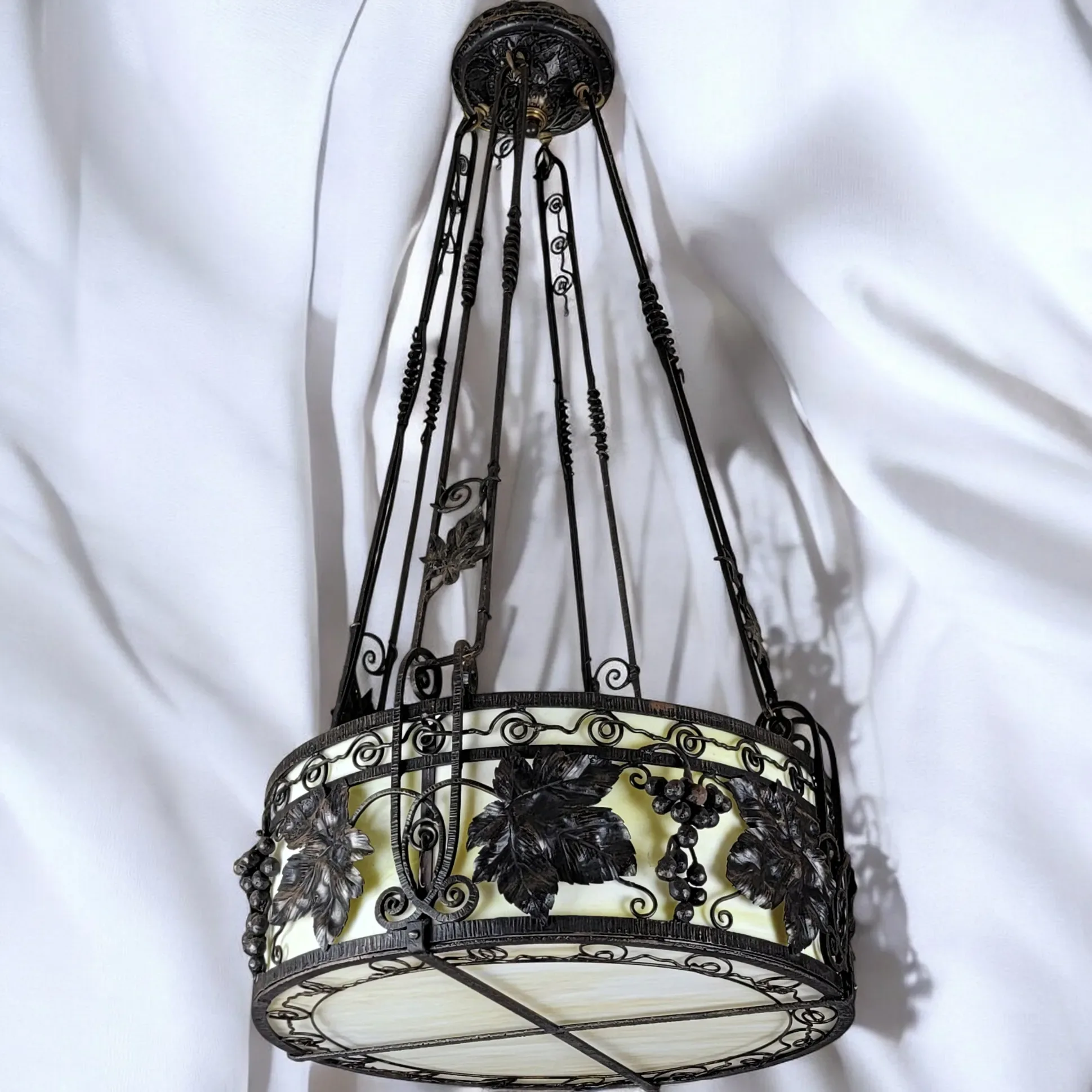 1920s French Wrought Iron 4 Light Fixture with Yellow Slag Glass - View 2