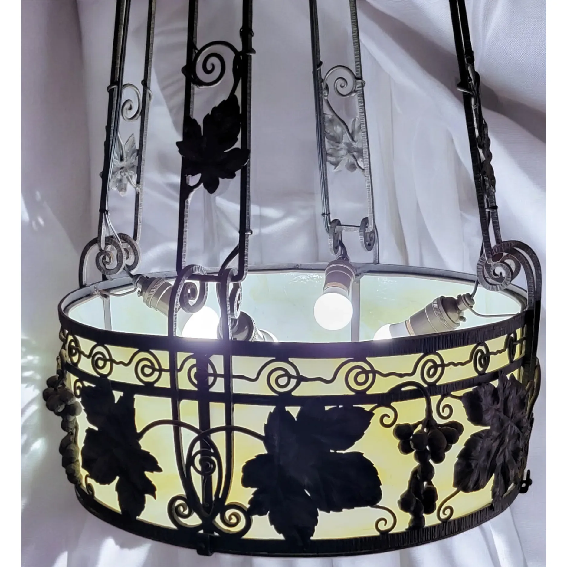 1920s French Wrought Iron 4 Light Fixture with Yellow Slag Glass - View 3
