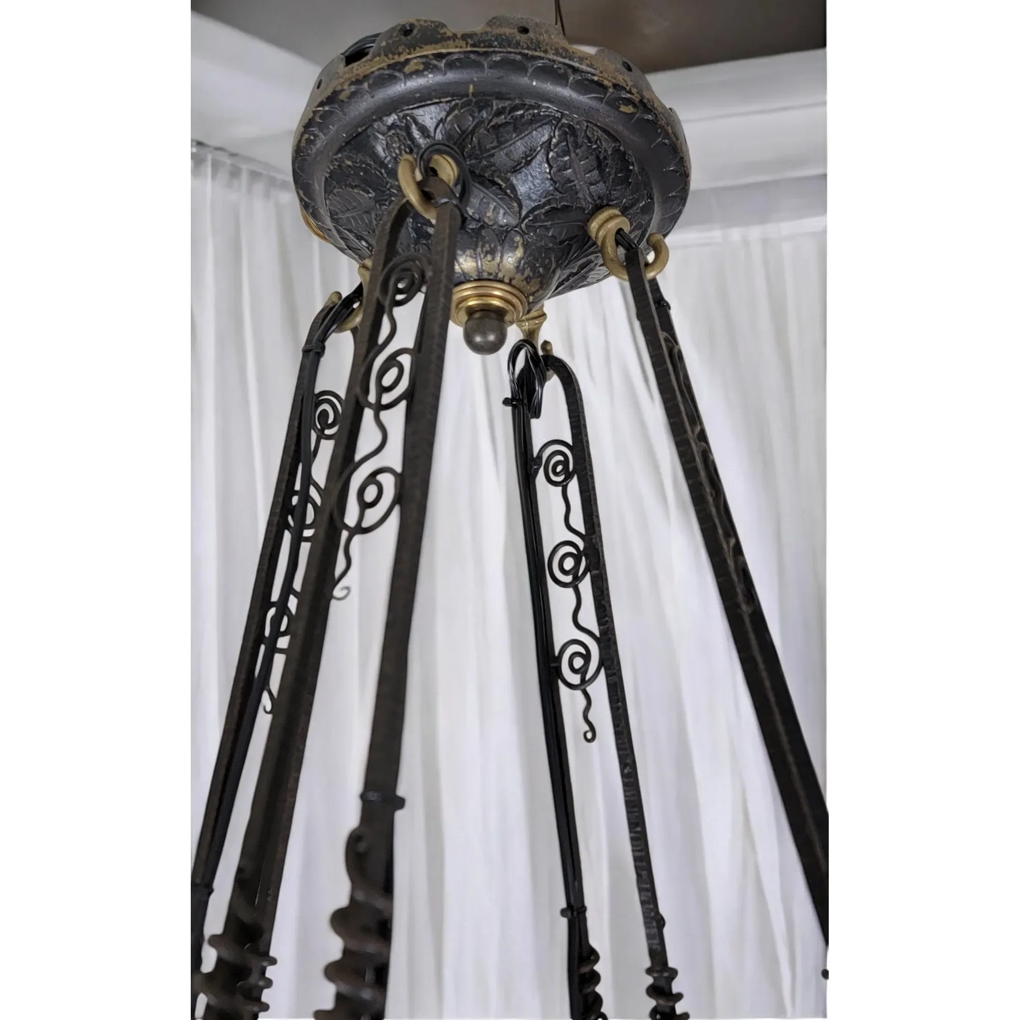 1920s French Wrought Iron 4 Light Fixture with Yellow Slag Glass - View 5